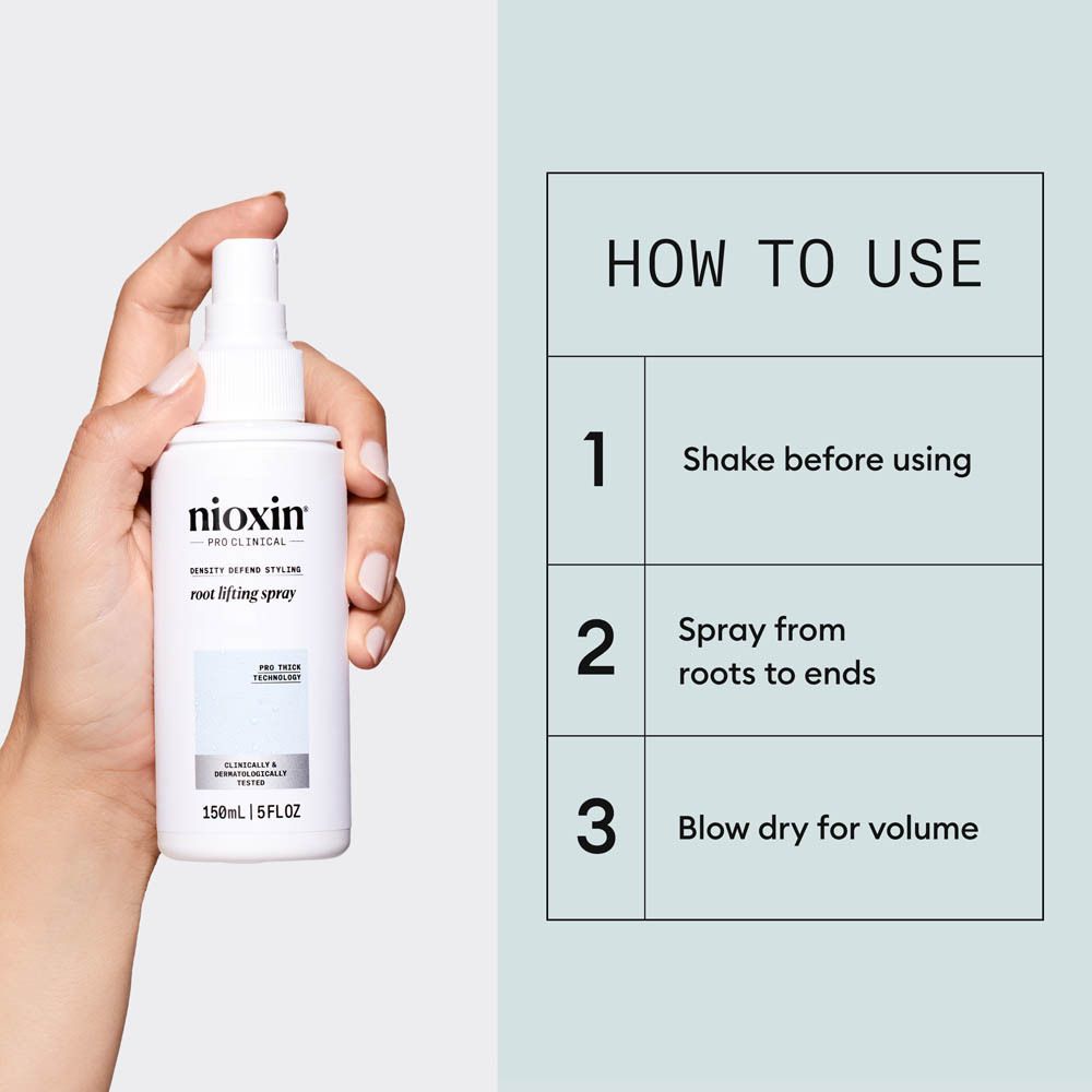 Flacon Nioxin Root Lifting Spray, verso avec instructions d'utilisation.