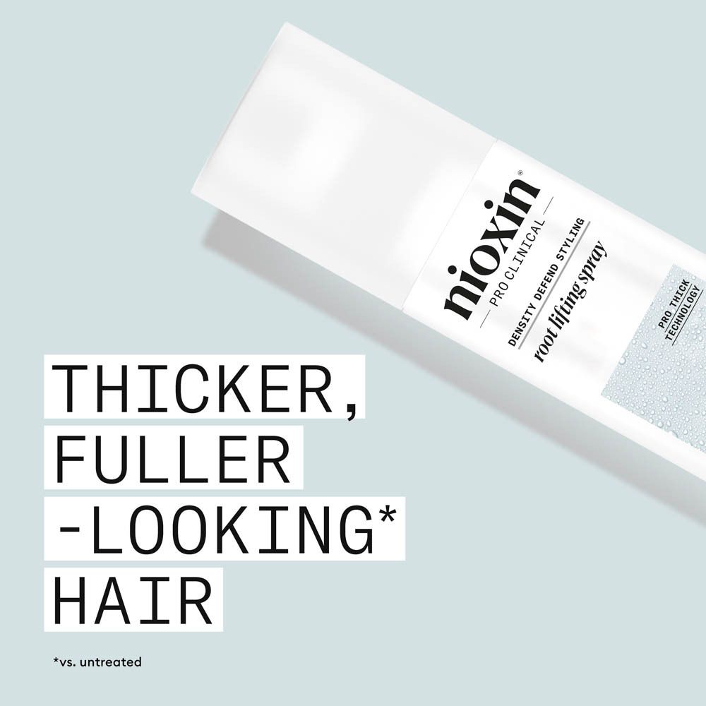 Flacon Nioxin Root Lifting Spray, verso avec ingrédients et application.