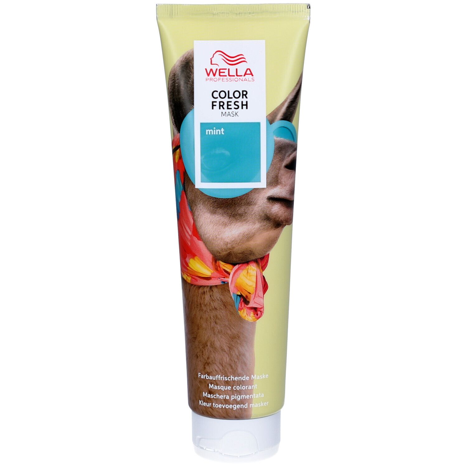 Wella Color Fresh Mask Mint Masque colorant vert pastel avec illustration de lama.