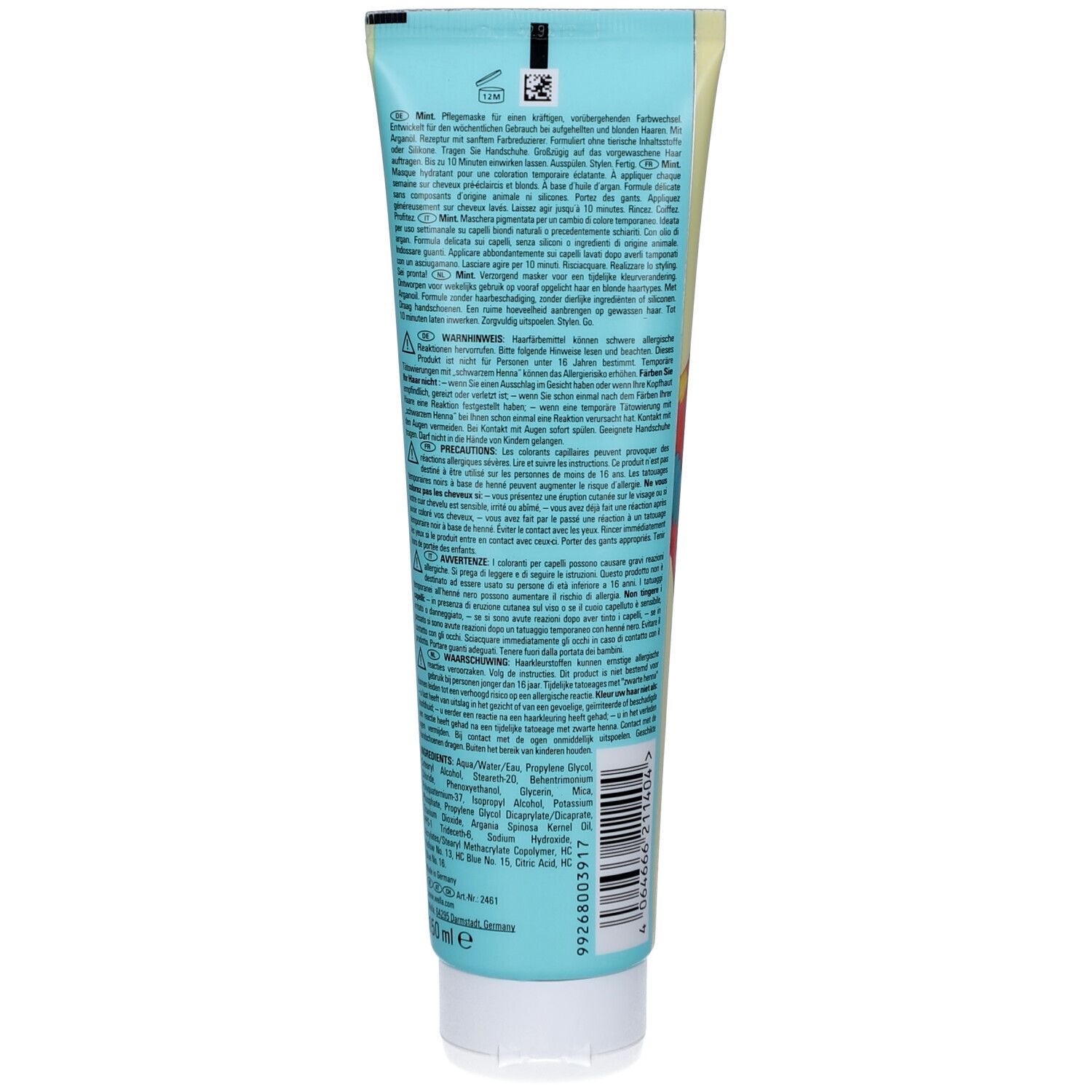 Dos de Wella Color Fresh Mask Mint Masque colorant avec instructions et ingrédients.