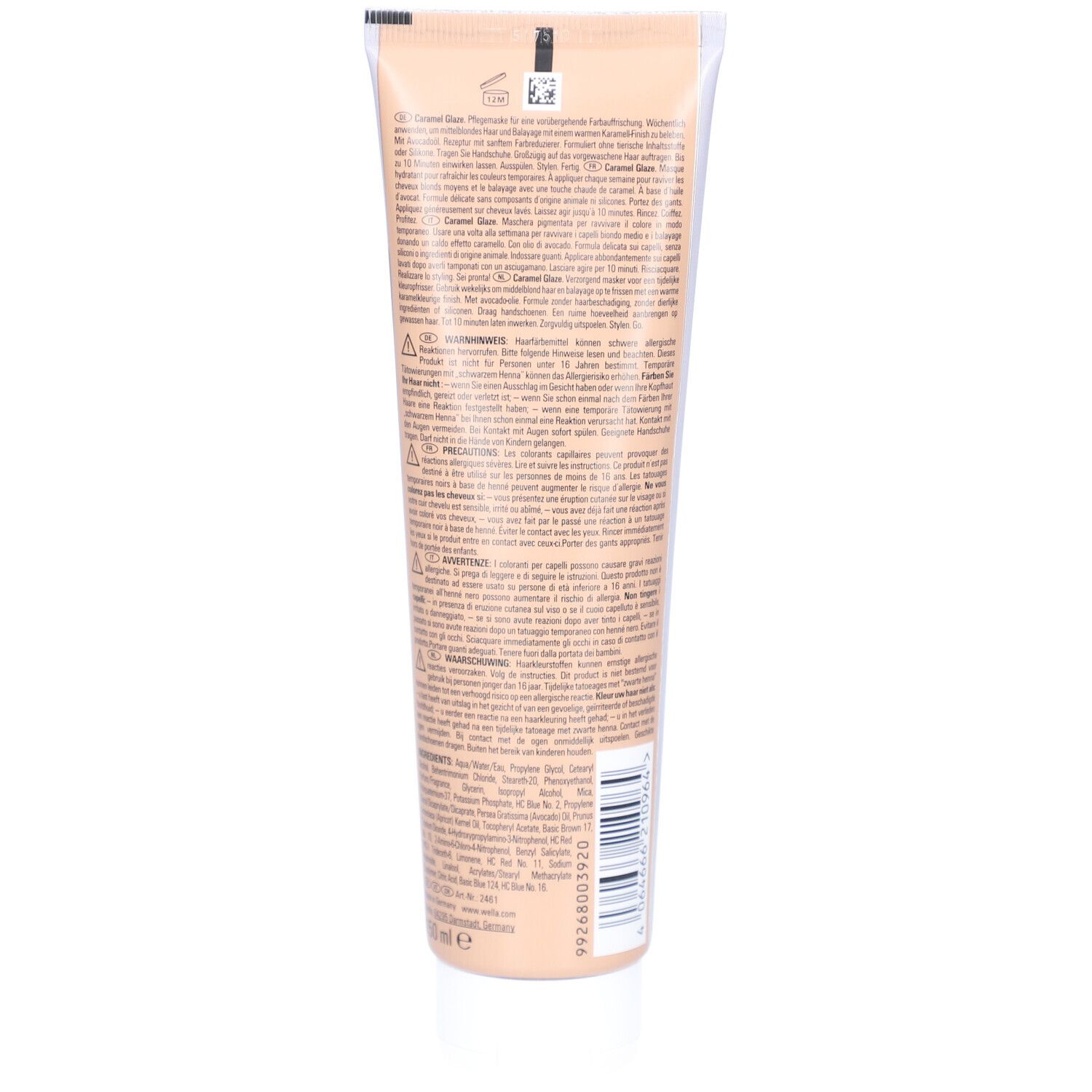 Dos du tube Wella Professionals Color Fresh Mask. Texte multilingue, informations sur le produit et code-barres.