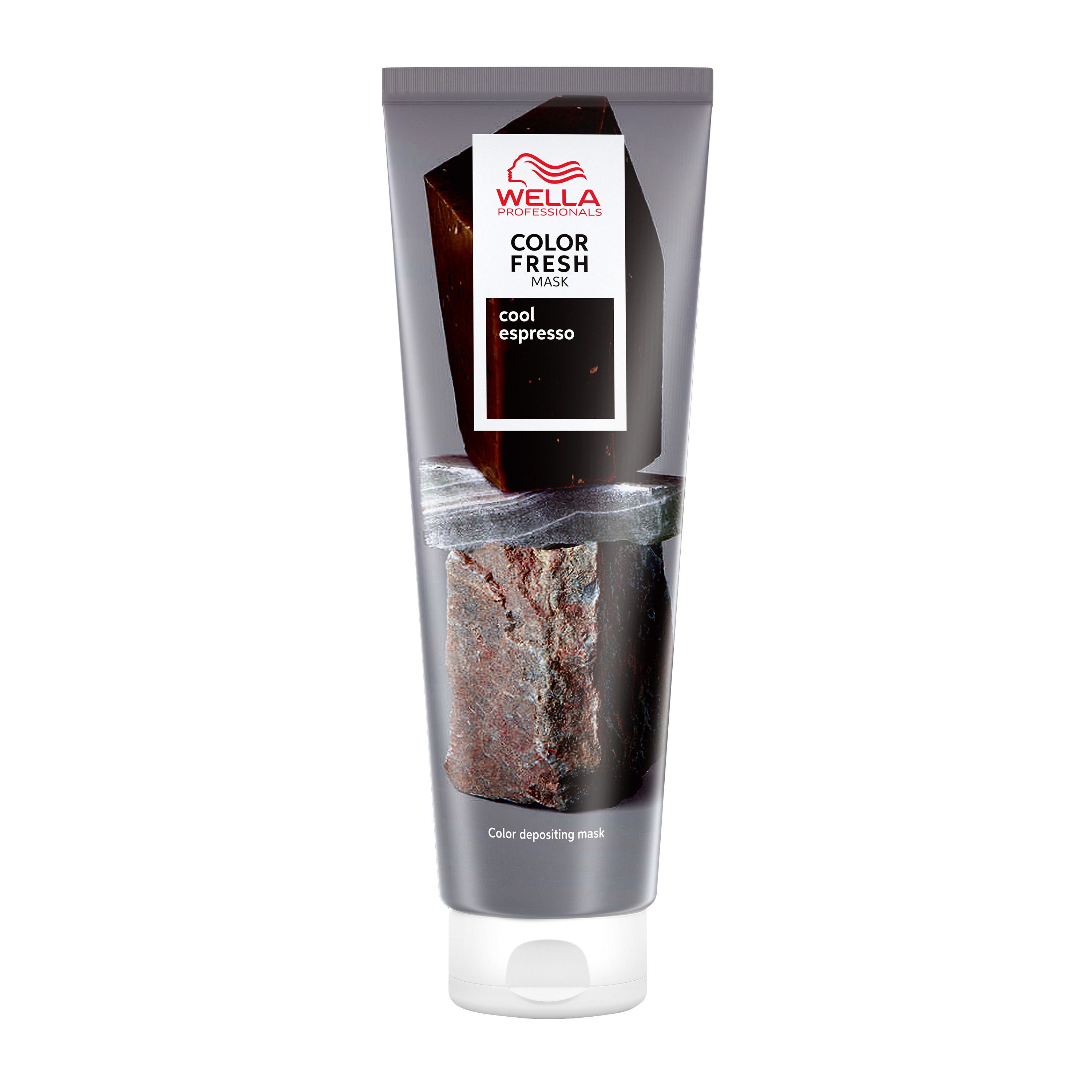 Tube de Wella Color Fresh Mask Cool Espresso. Face avant avec nom du produit et logo. Désignation de la teinte imprimée.