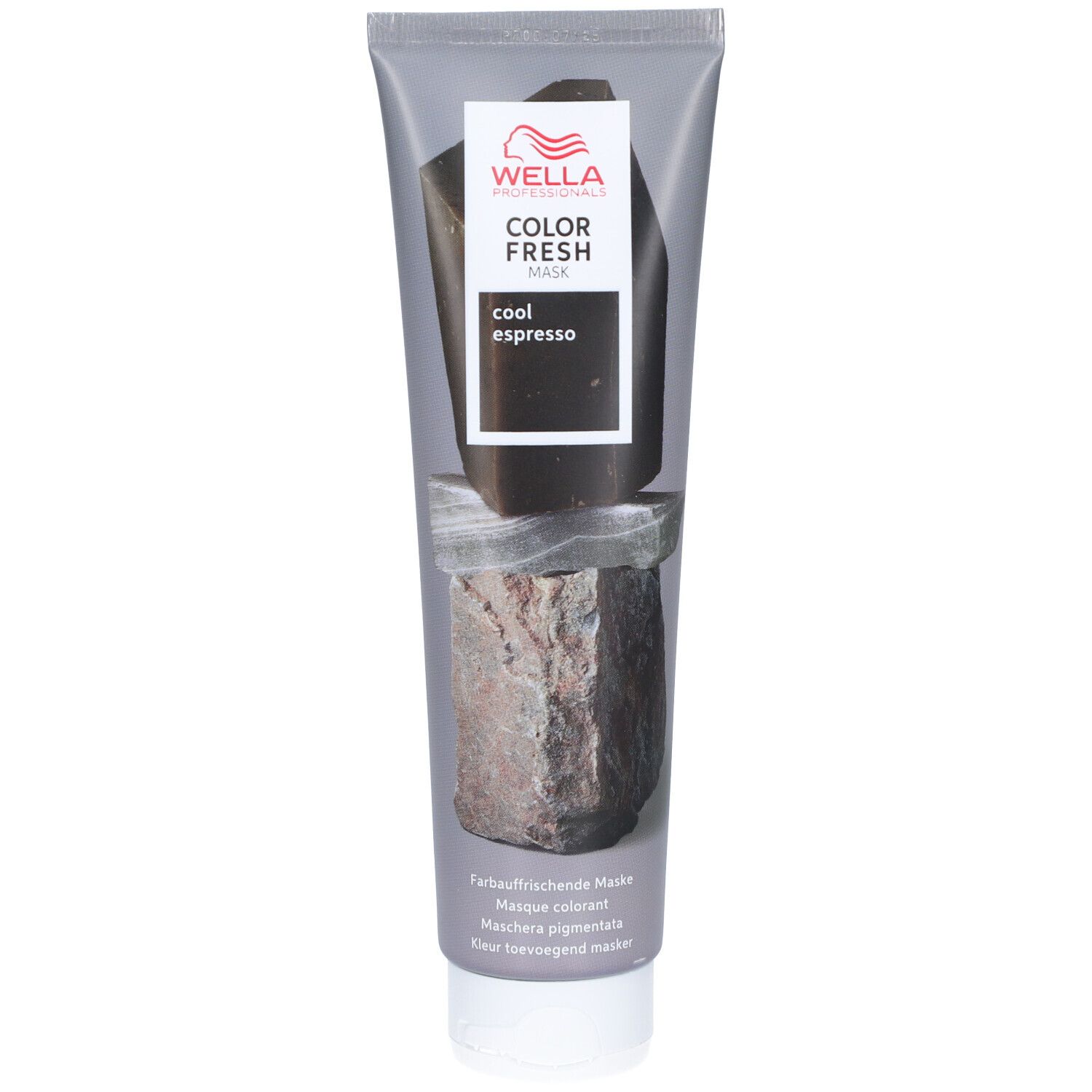 Tube de Wella Color Fresh Mask Cool Espresso. Face avant avec nom du produit et logo. Désignation de la teinte imprimée.