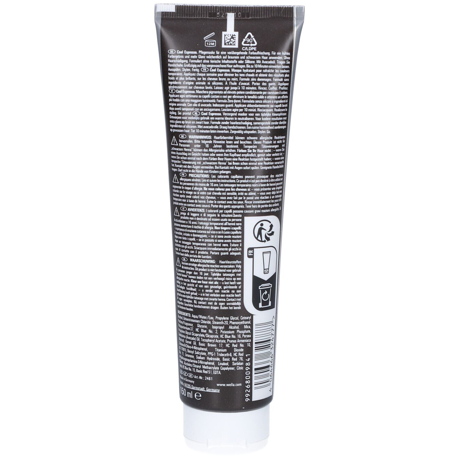 Dos du tube Wella Color Fresh Mask Cool Espresso. Texte avec ingrédients et instructions d'utilisation. Informations en plusieurs langues.