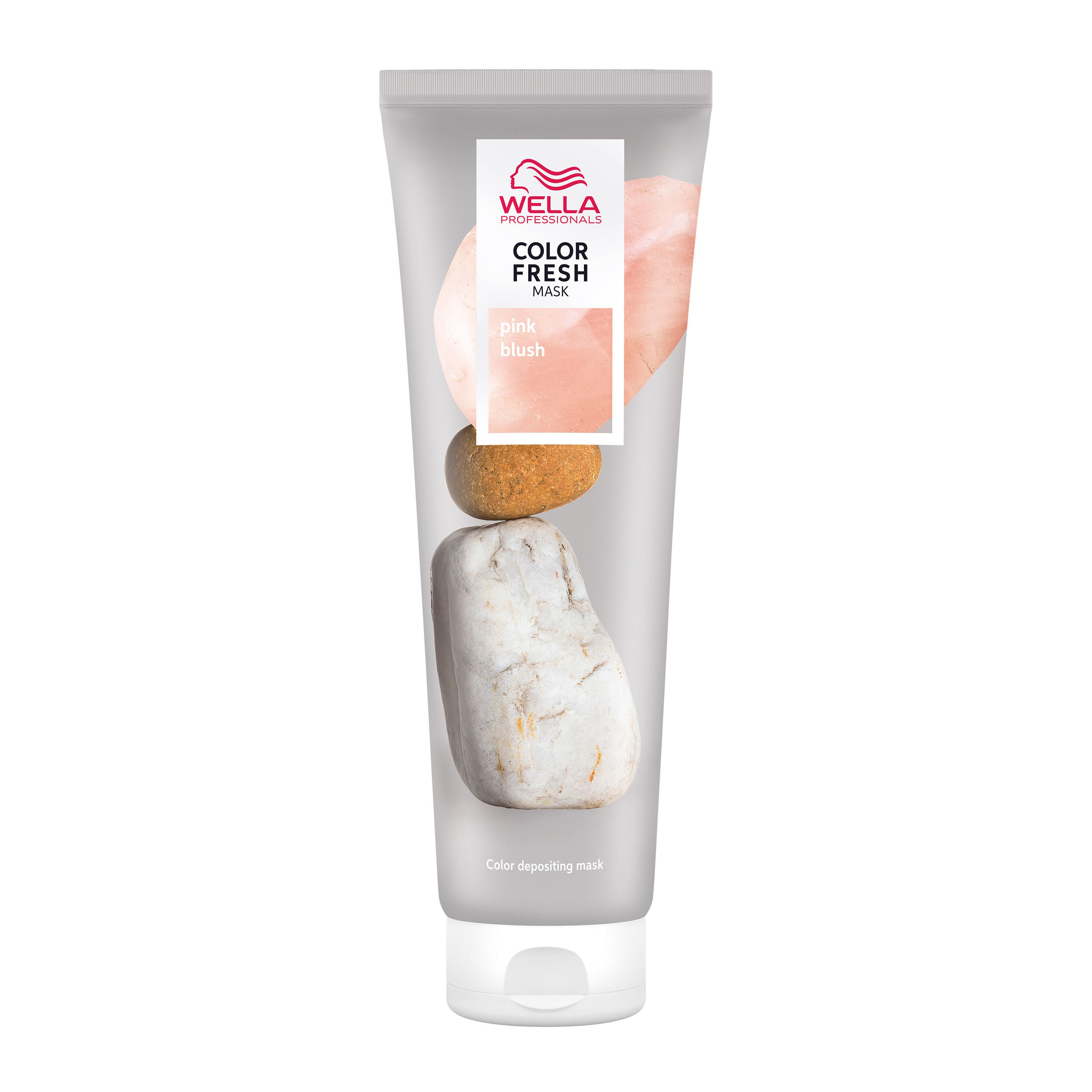 Masque capillaire en tube. Face avant avec nom du produit et pierres. Teinte : Pink Blush. Marque : Wella Color Fresh Mask.