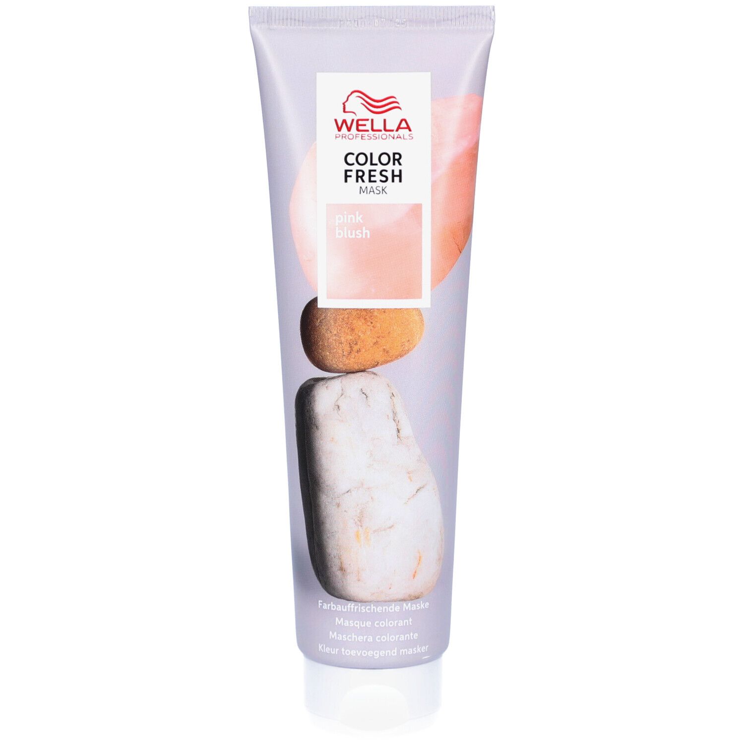 Masque capillaire en tube. Face avant avec nom du produit et pierres. Teinte : Pink Blush. Marque : Wella Color Fresh Mask.