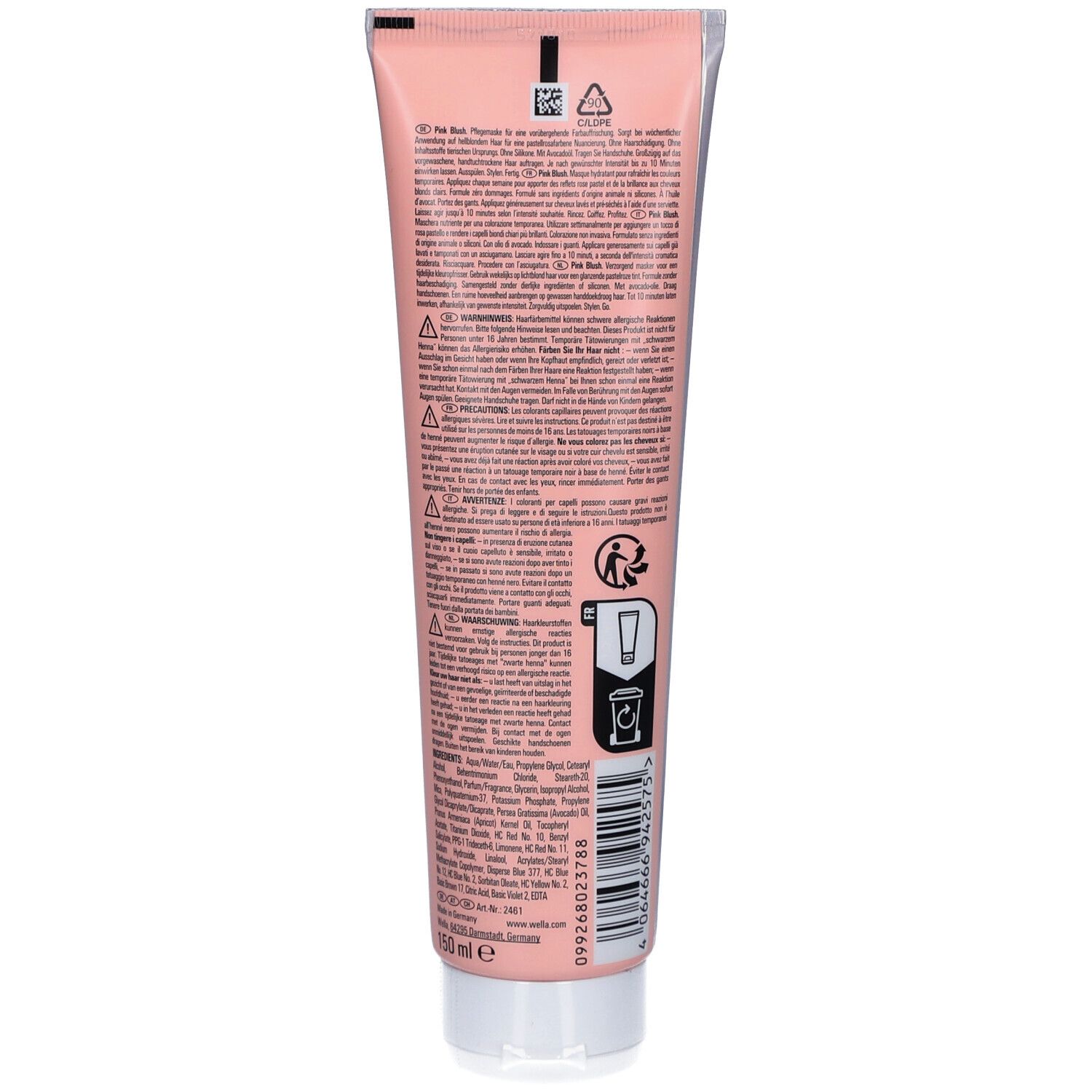 Dos du masque capillaire en tube. Texte avec ingrédients et instructions d'utilisation. Teinte : Pink Blush. Marque : Wella.