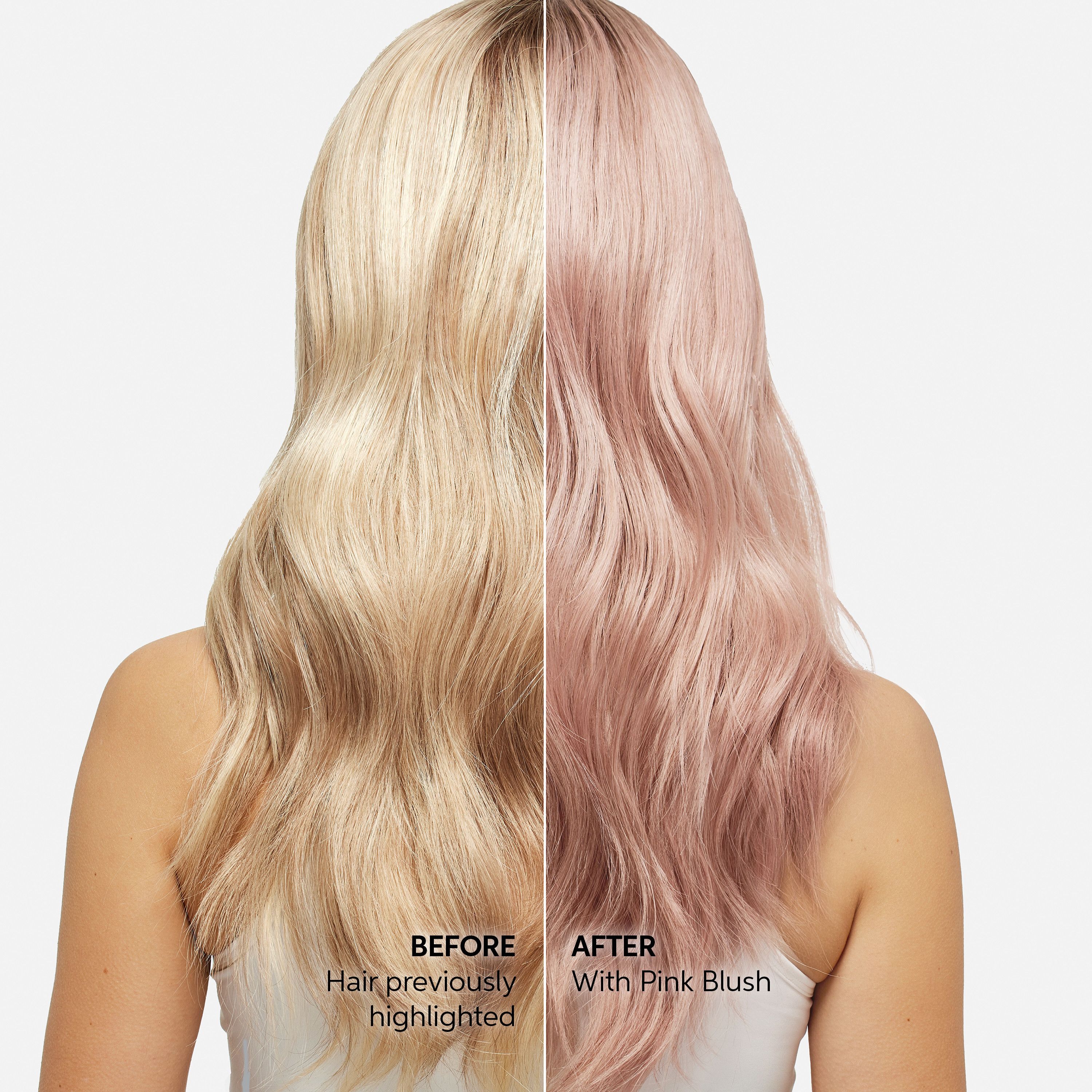 Comparaison de cheveux blonds avant et après l'application de Pink Blush. Résultat : cheveux teints en rose.