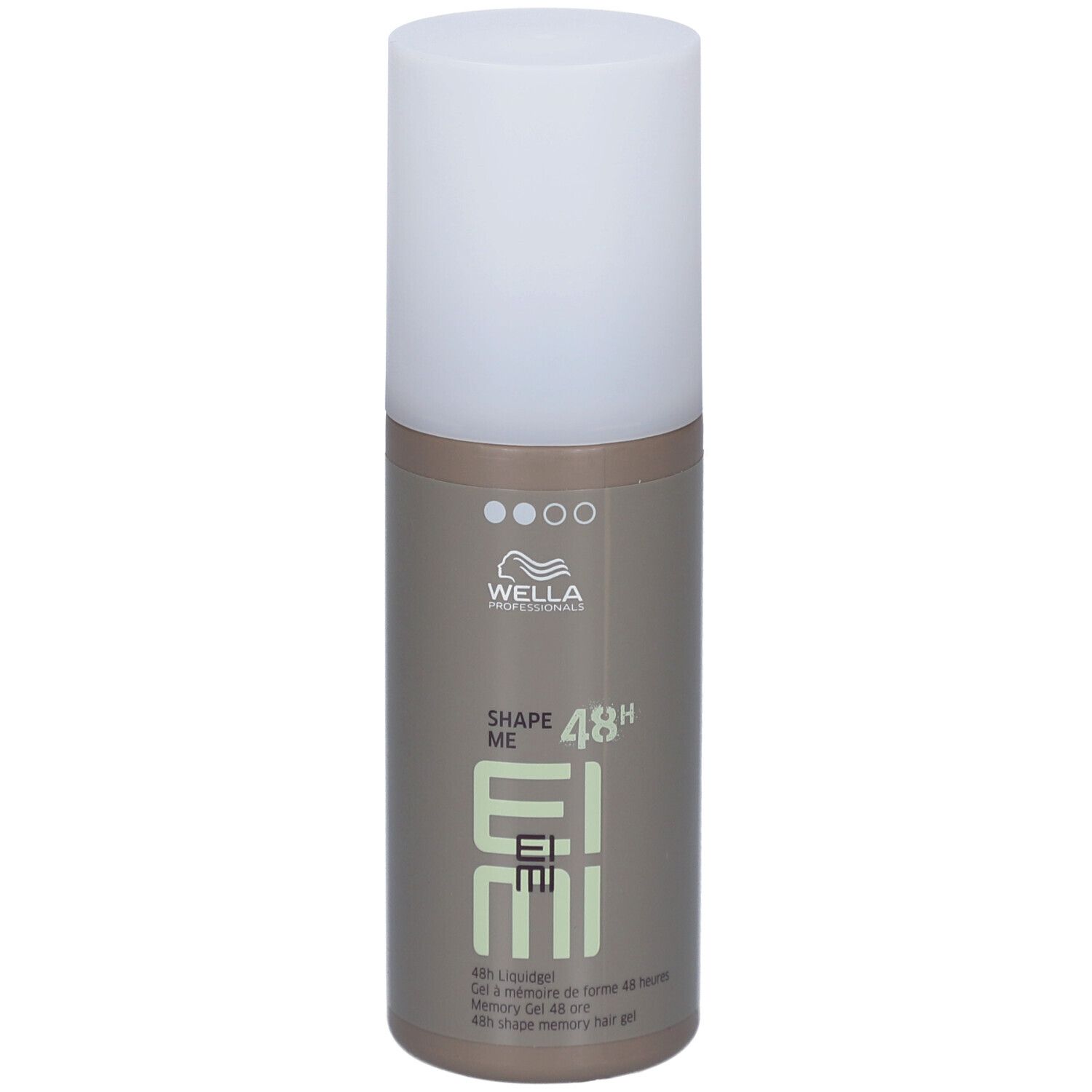 Wella EIMI Shape Me. Gel coiffant en flacon cylindrique à bouchon blanc. Flacon marron avec informations produit.