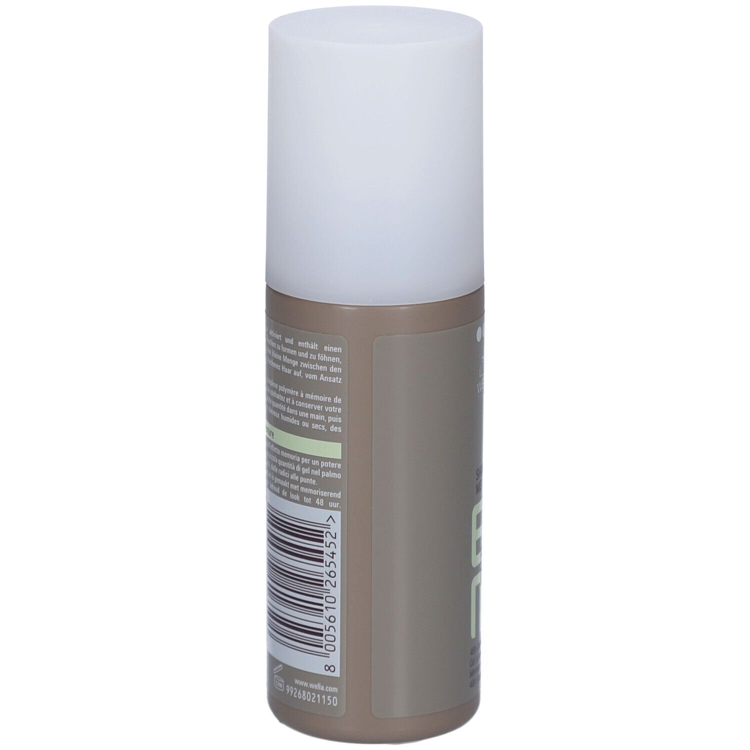 Vue arrière du flacon de gel coiffant Wella EIMI Shape Me. Informations produit et code-barres sur fond marron.