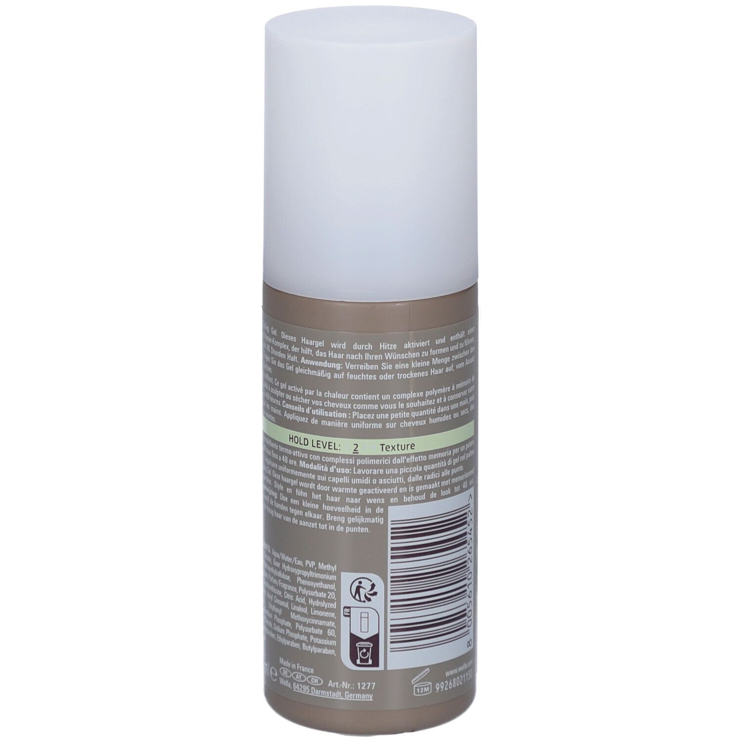 Vue arrière du flacon de gel coiffant Wella EIMI Shape Me. Texte avec informations produit et niveau de tenue 2.