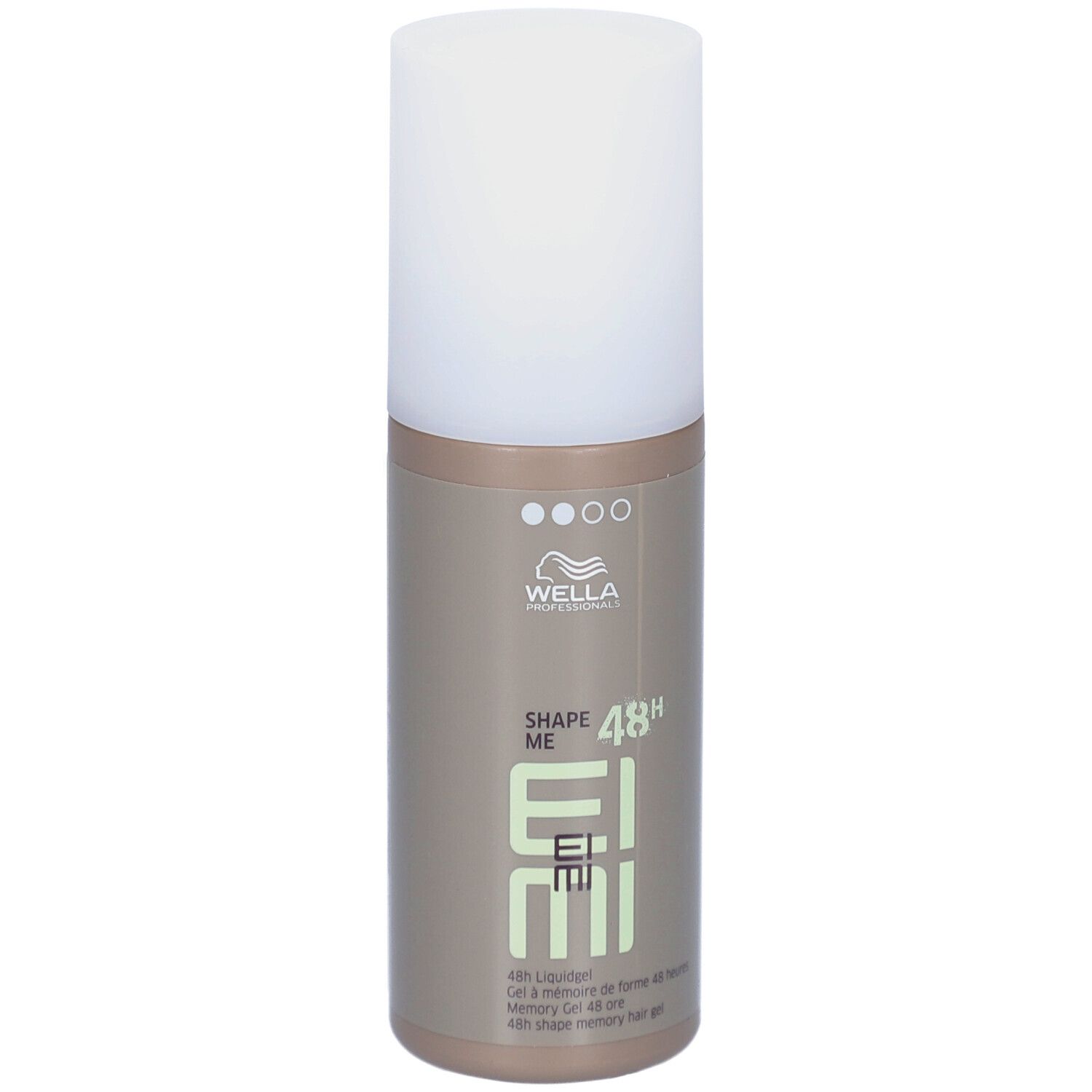 Wella EIMI Shape Me. Gel coiffant en flacon cylindrique à bouchon blanc. Flacon marron avec informations produit.