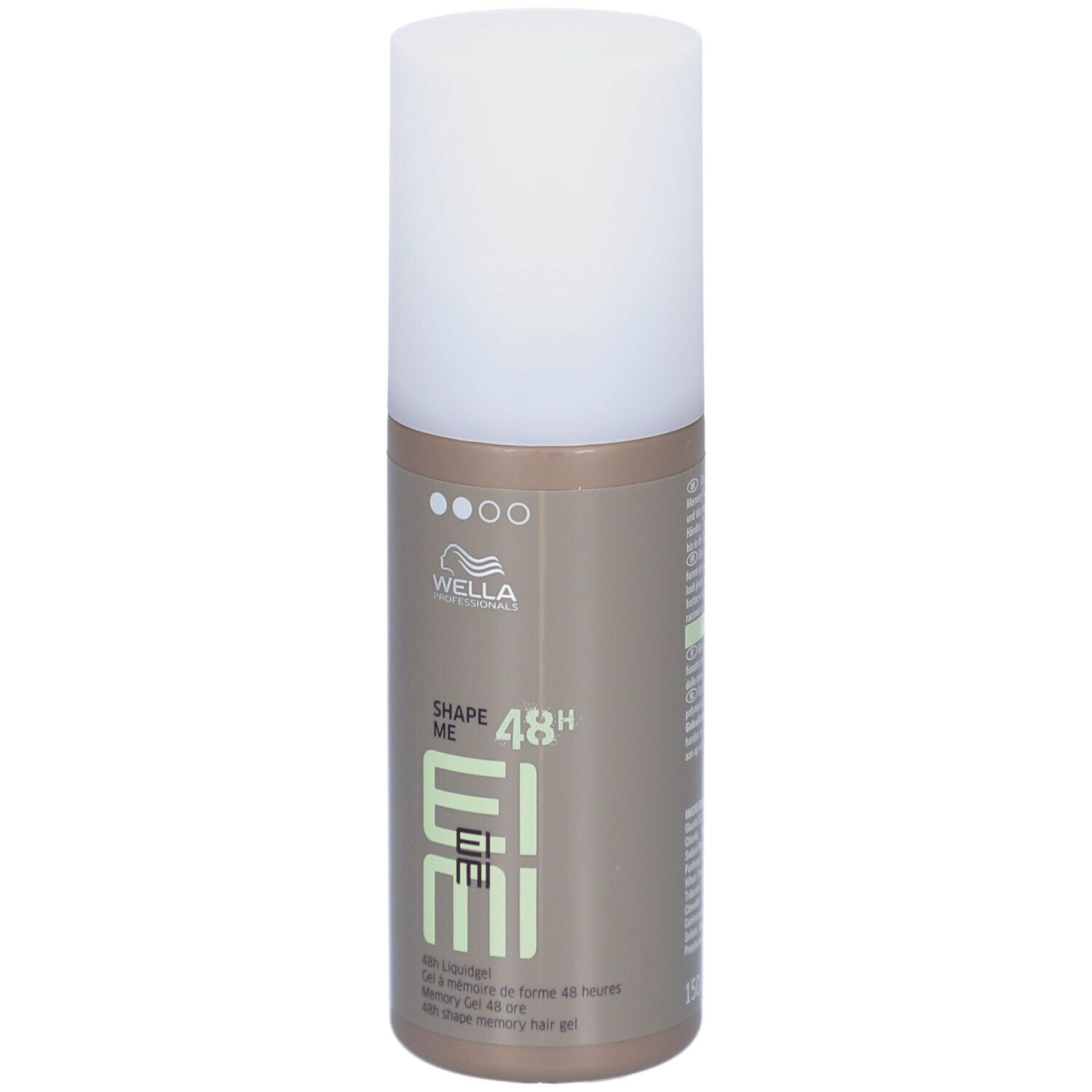 Wella EIMI Shape Me. Gel coiffant en flacon cylindrique à bouchon blanc. Flacon marron avec informations produit.