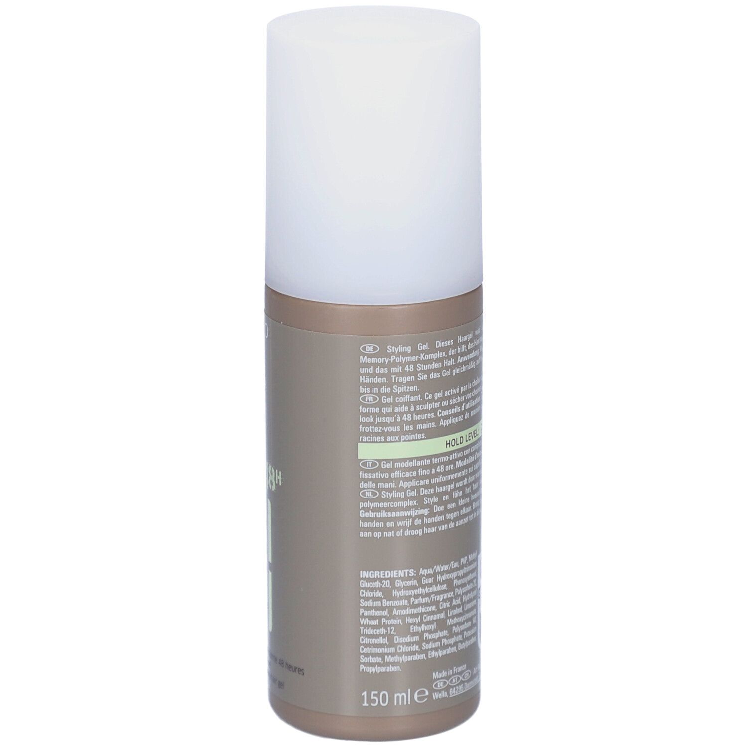 Vue arrière du flacon de gel coiffant Wella EIMI Shape Me. Texte avec informations produit et ingrédients.