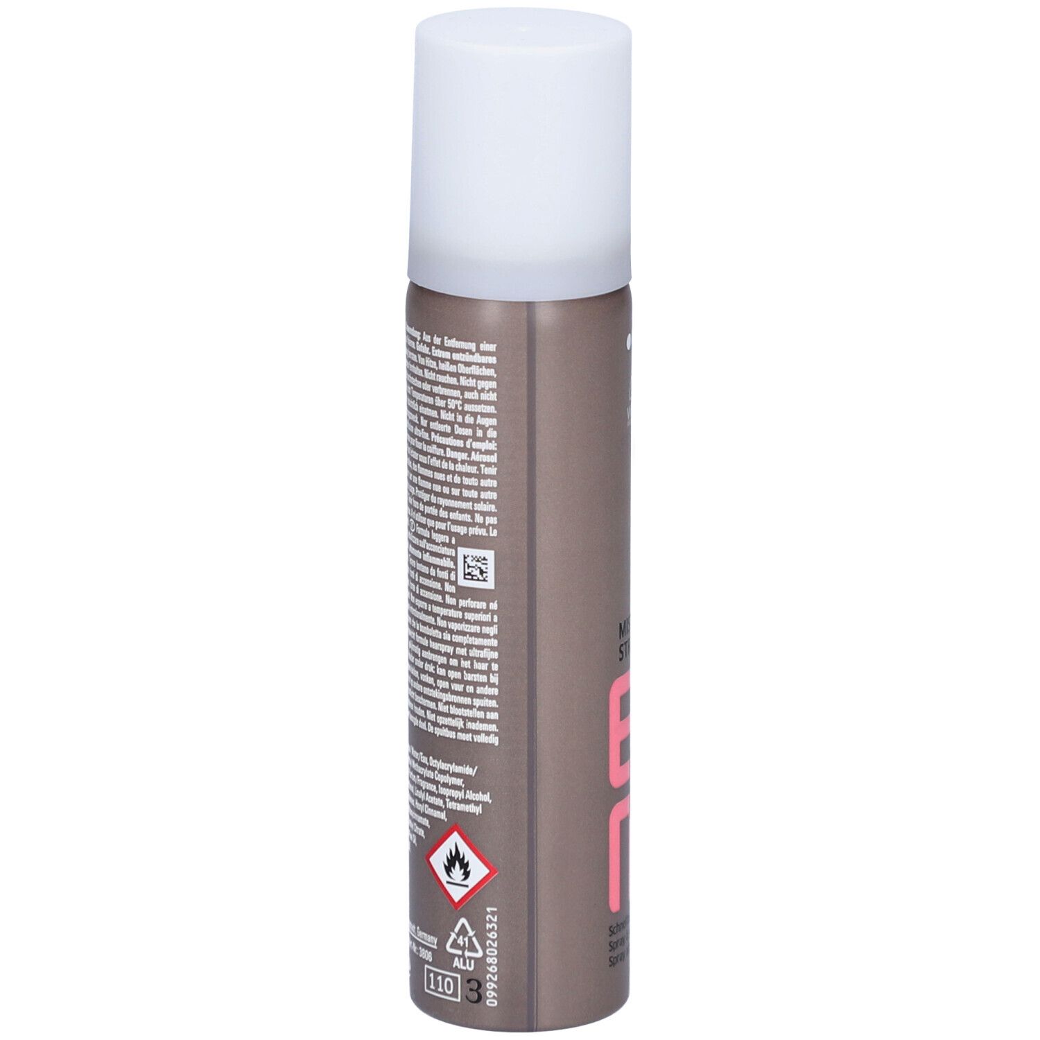 Flacon de laque. Dos avec texte. Marque : Wella EIMI. Impressions et symboles. Bouchon blanc. Flacon marron.
