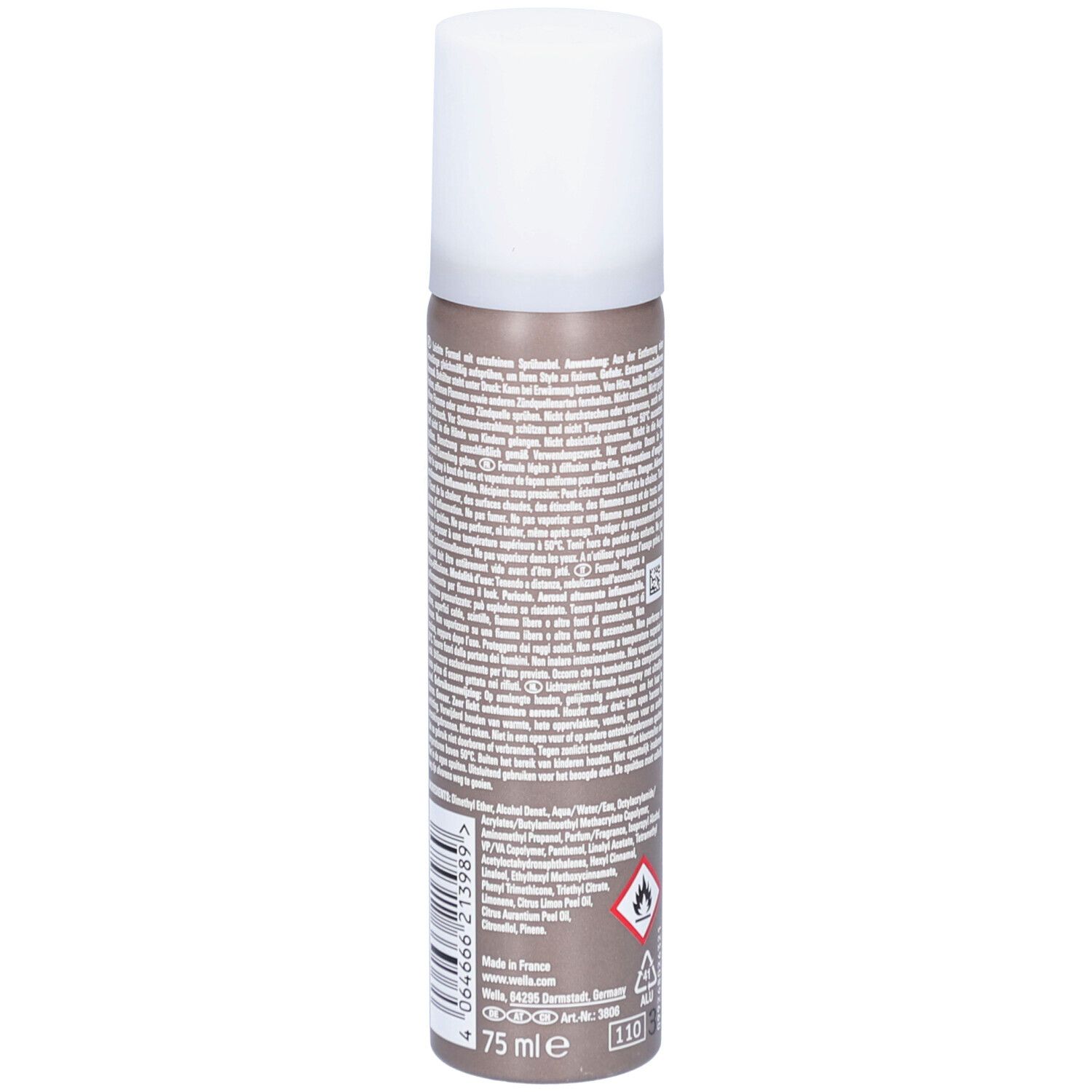 Flacon de laque. Dos avec texte. Marque : Wella EIMI. Impressions et symboles. Bouchon blanc. Flacon marron.