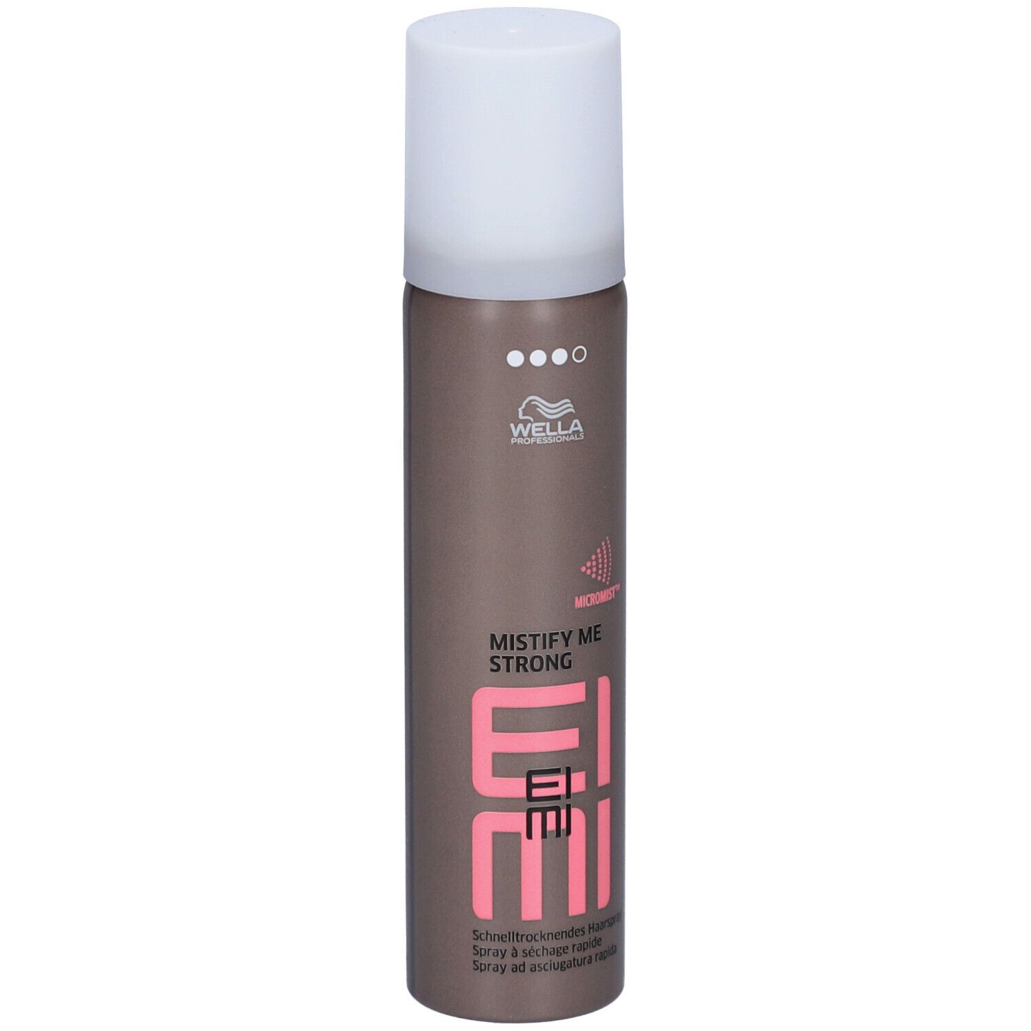 Flacon de laque. Marque : Wella EIMI. Inscription : Mistify Me Strong. Texte rose et blanc sur fond marron. Bouchon blanc.