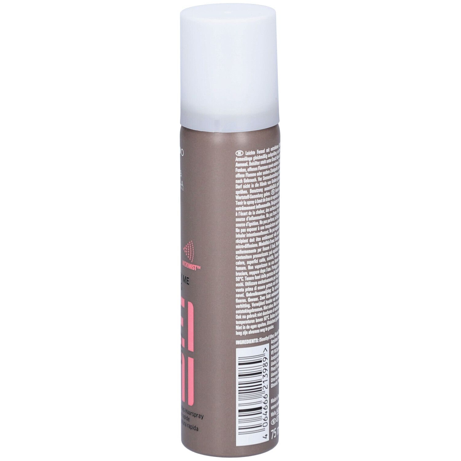 Flacon de laque. Dos avec texte. Marque : Wella EIMI. Impressions et symboles. Bouchon blanc. Flacon marron.