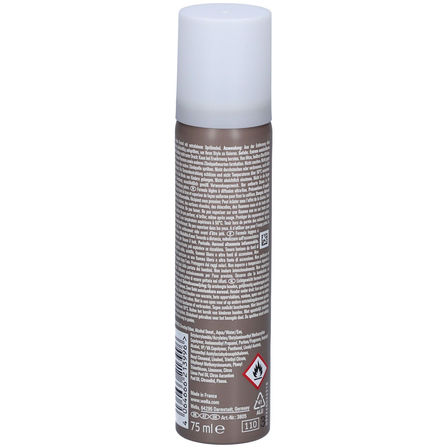 Dos de la bombe de laque. Texte multilingue. Volume : 75 ml. Adresse du fabricant. Avertissement : Inflammable.