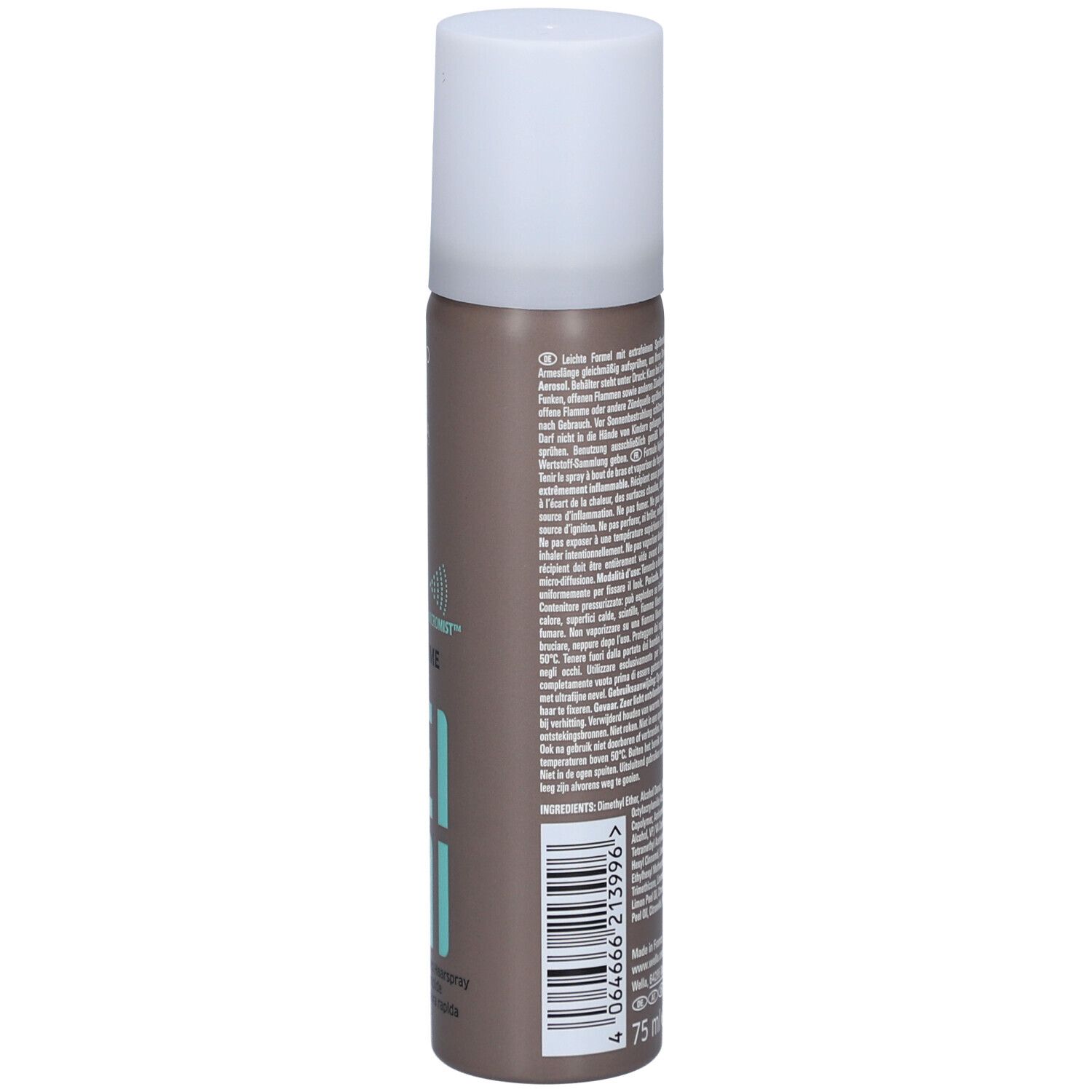 Dos de la bombe de laque. Texte multilingue. Volume : 75 ml. Code-barres. Adresse du fabricant.