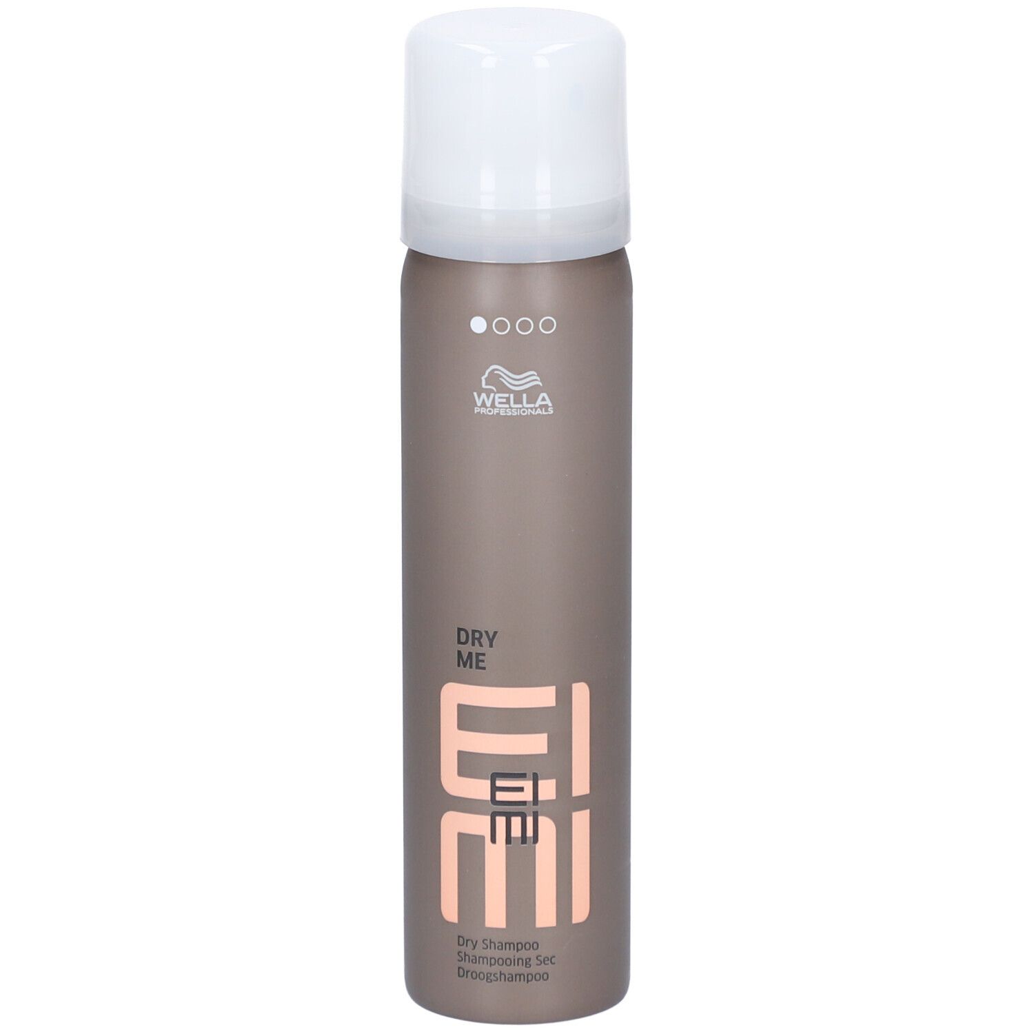 Wella Professionals EIMI Dry Me. Flacon spray brun et bouchon blanc. Nom du produit et logo visibles.