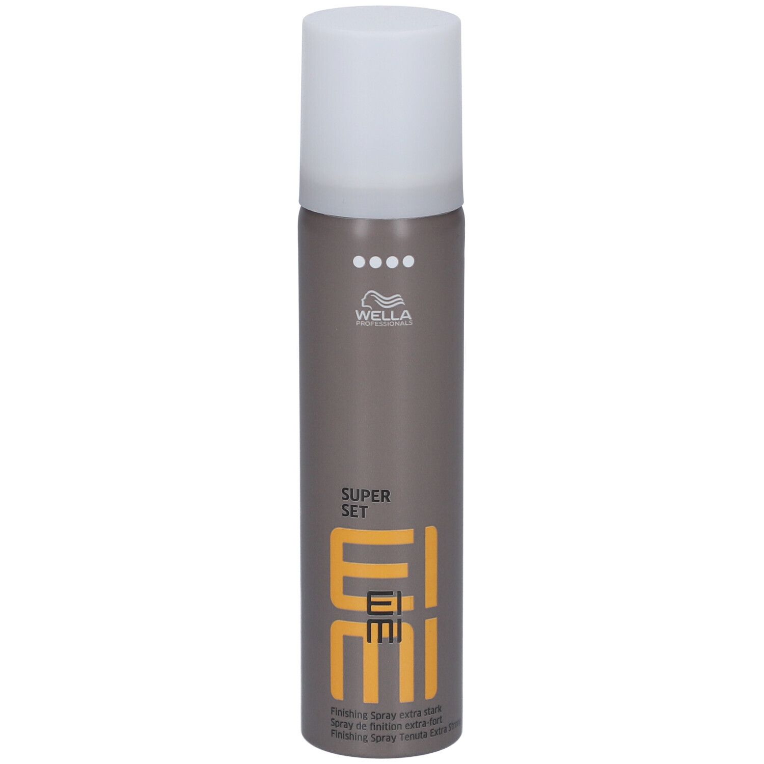 Flacon de laque brun-gris avec bouchon blanc. Logo EIMI et texte 'SUPER SET' visibles.