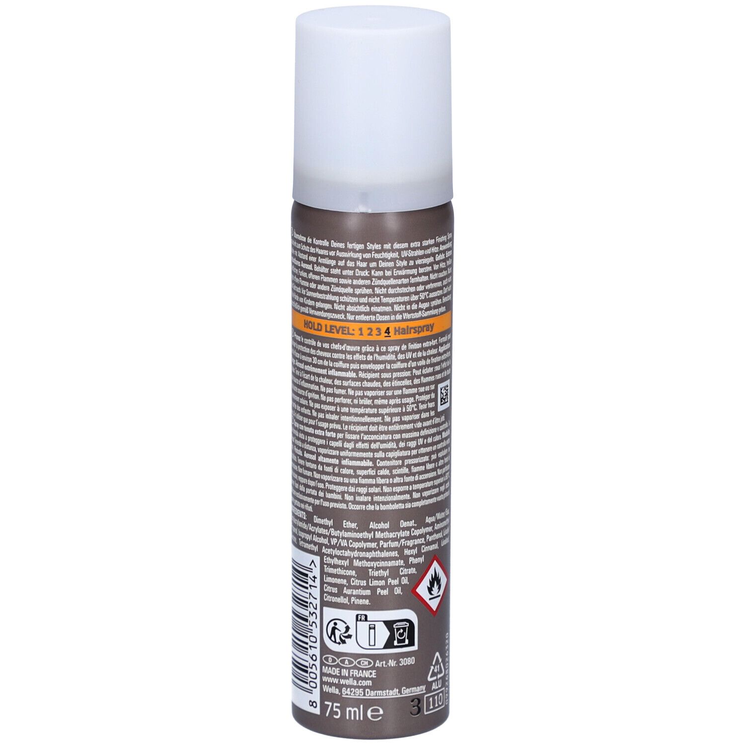 Flacon de laque brun-gris avec bouchon blanc. Texte, symboles et '75 ml' au dos.