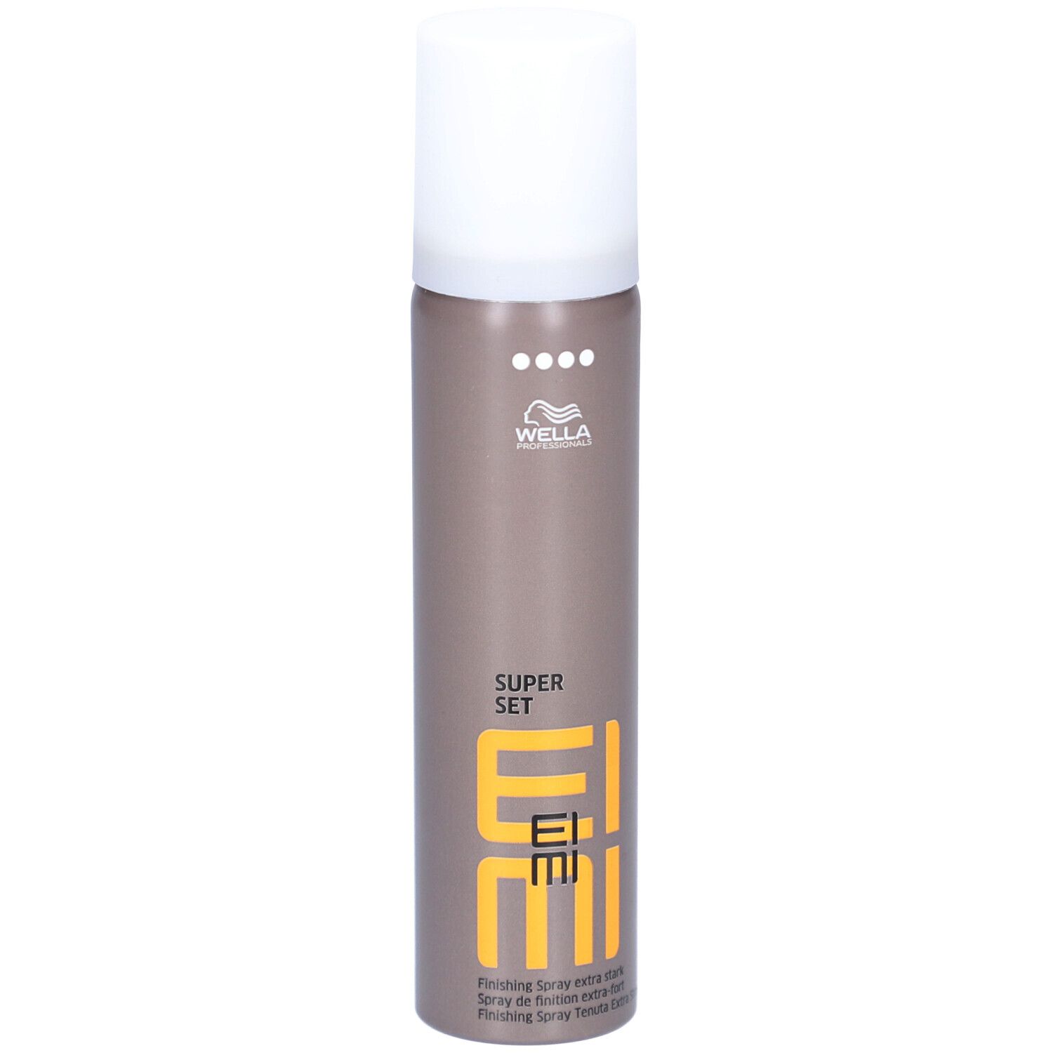Flacon de laque brun-gris avec bouchon blanc. Logo EIMI et texte 'SUPER SET' visibles.