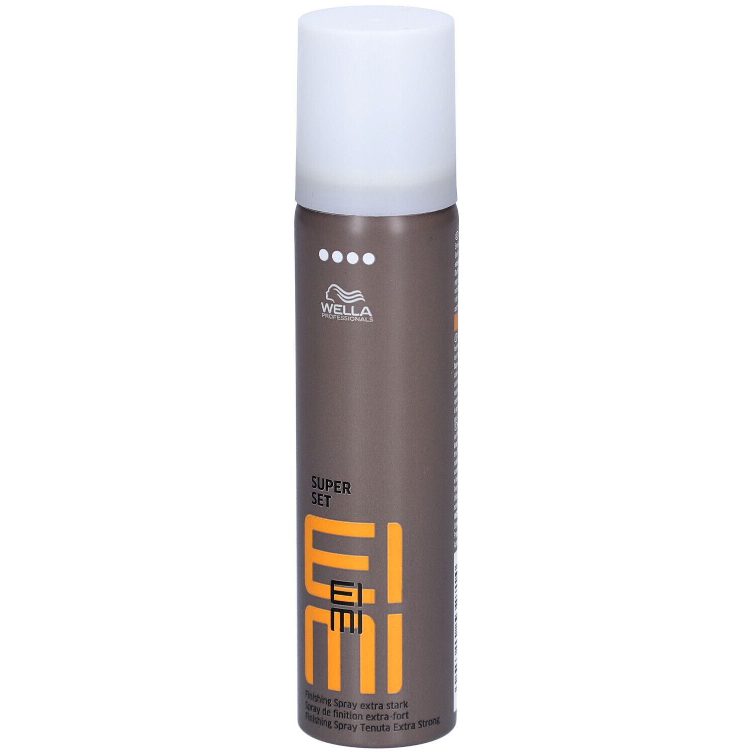 Flacon de laque brun-gris avec bouchon blanc. Logo EIMI et texte 'SUPER SET' visibles.