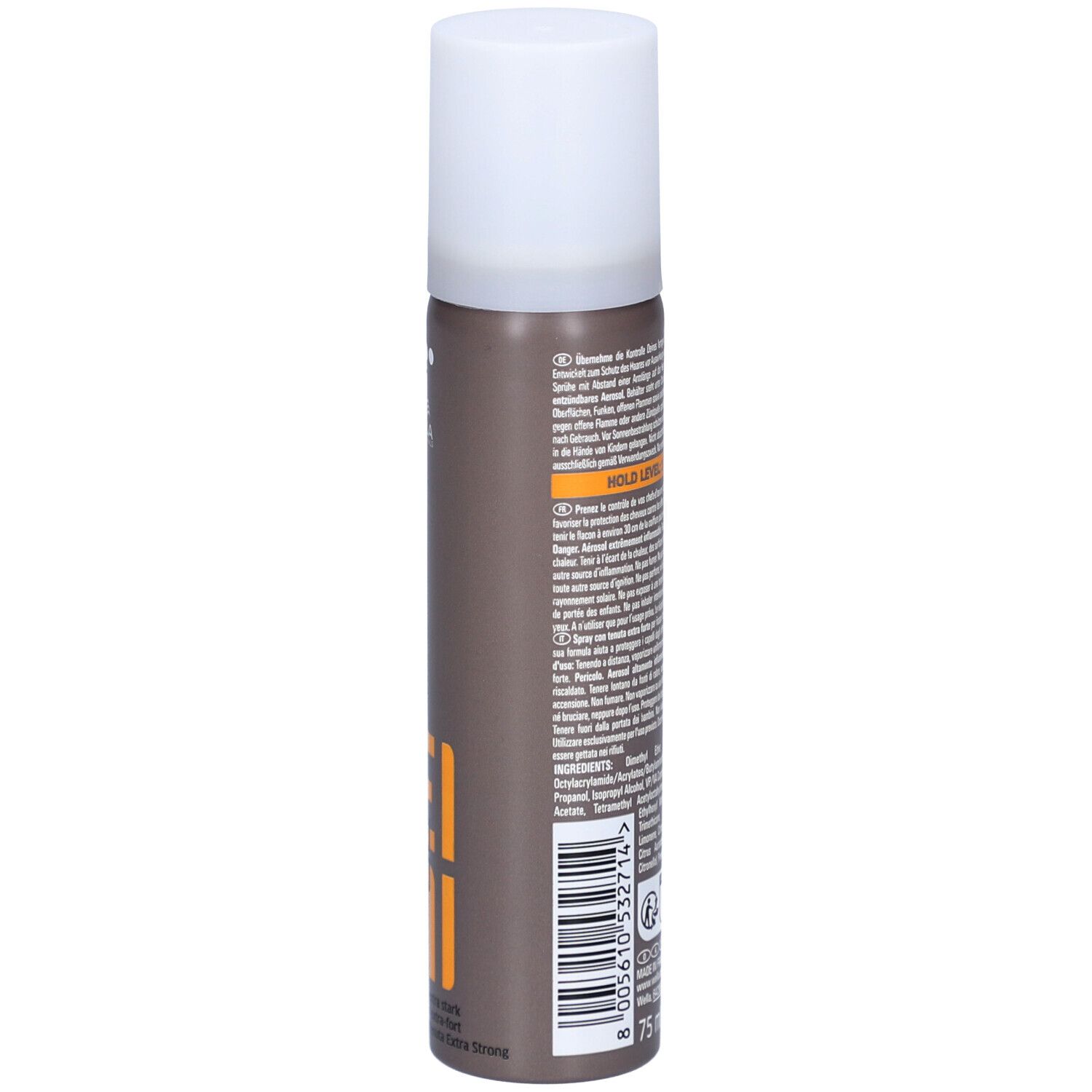 Flacon de laque brun-gris avec bouchon blanc. Texte, symboles et '75 ml' au dos.