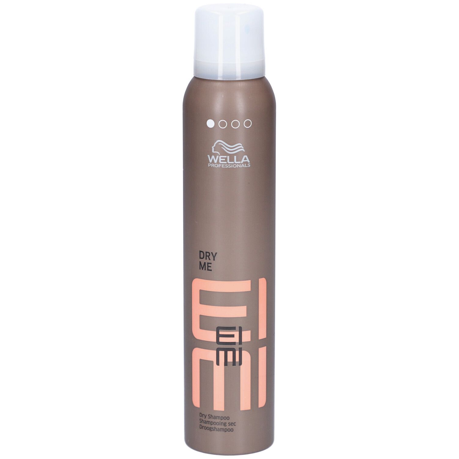 Flacon spray marron avec bouchon blanc. Inscription : DRY ME, EIMI, Wella Professionals. Shampooing sec.