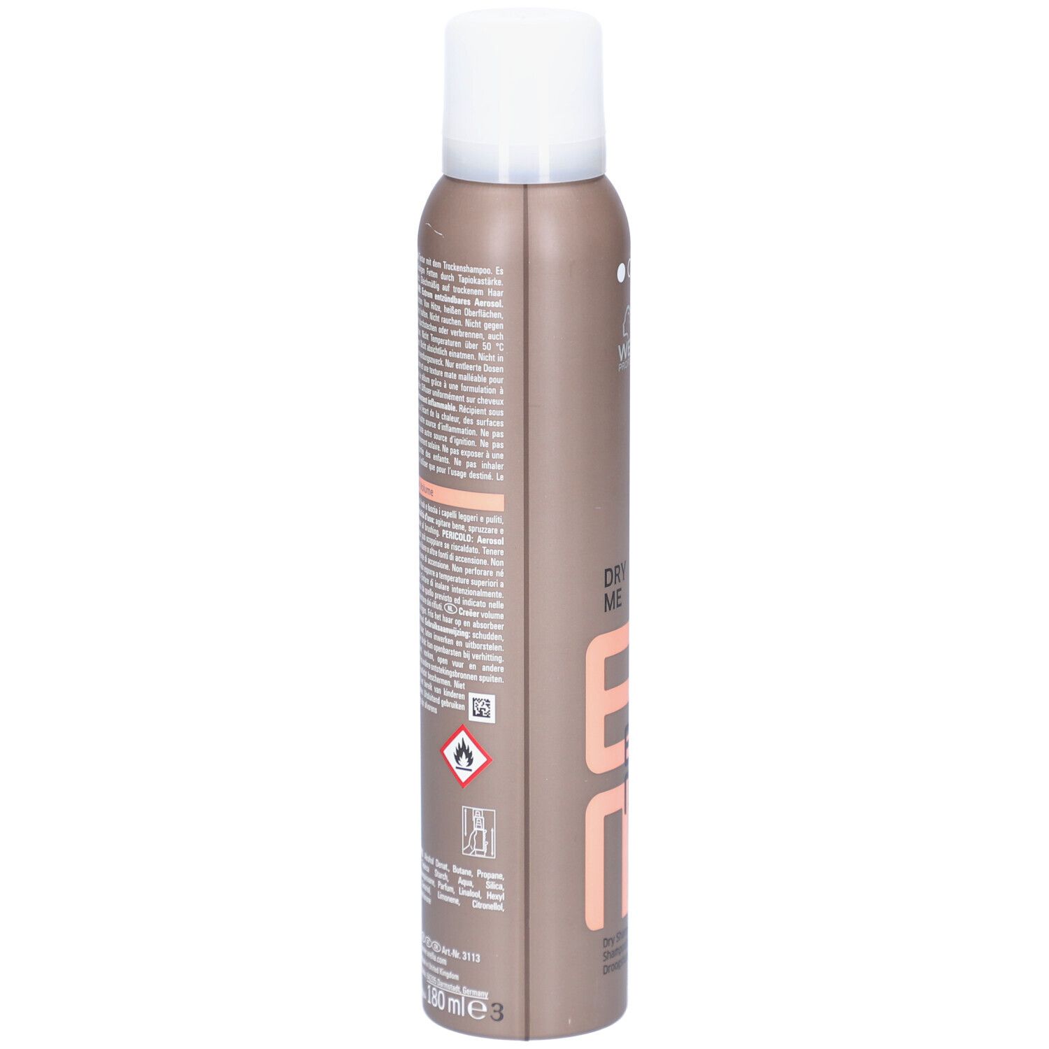 Flacon spray marron, dos avec texte. Inscription : DRY ME, EIMI. Avertissement. 180 ml.