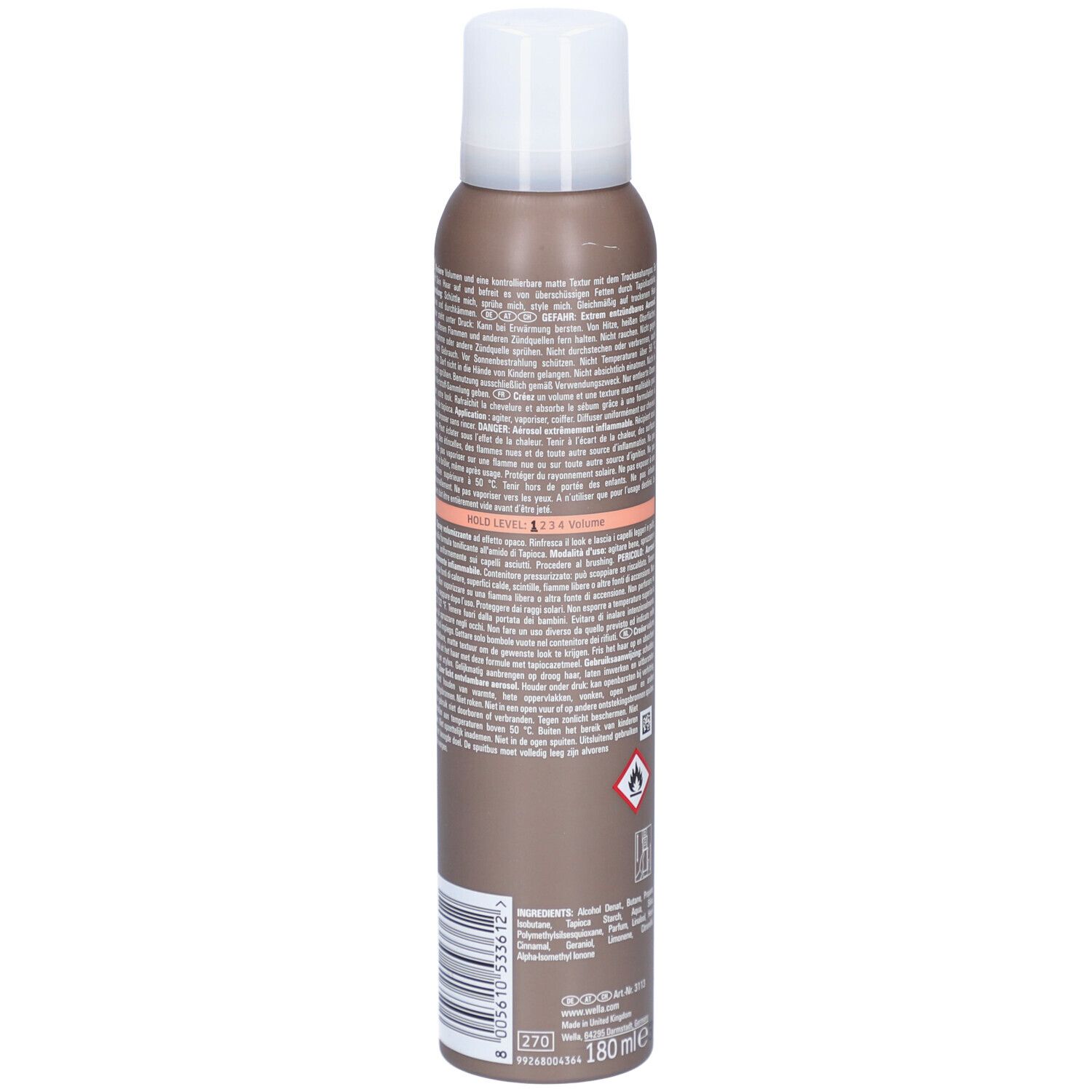 Flacon spray marron, dos avec texte. Inscription : DRY ME, EIMI. Avertissement. 180 ml.