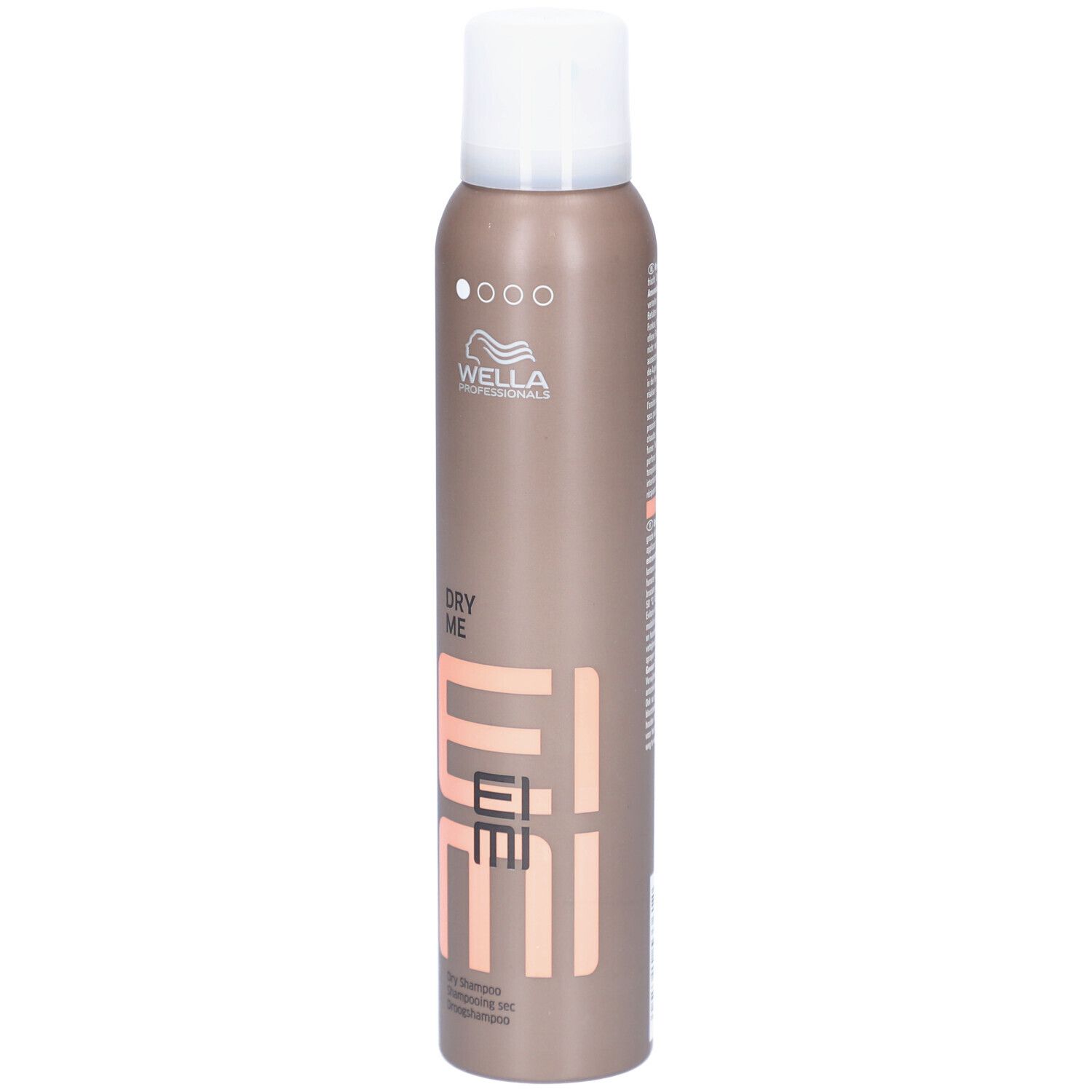 Flacon spray marron avec bouchon blanc. Inscription : DRY ME, EIMI, Wella Professionals. Shampooing sec.