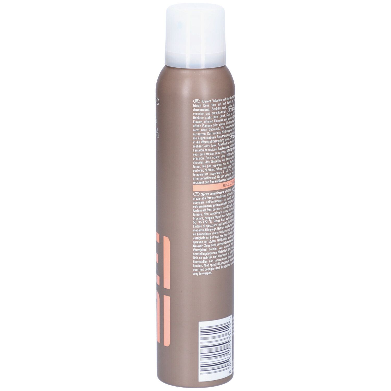 Flacon spray marron, dos avec texte. Inscription : DRY ME, EIMI. Avertissement. 180 ml.