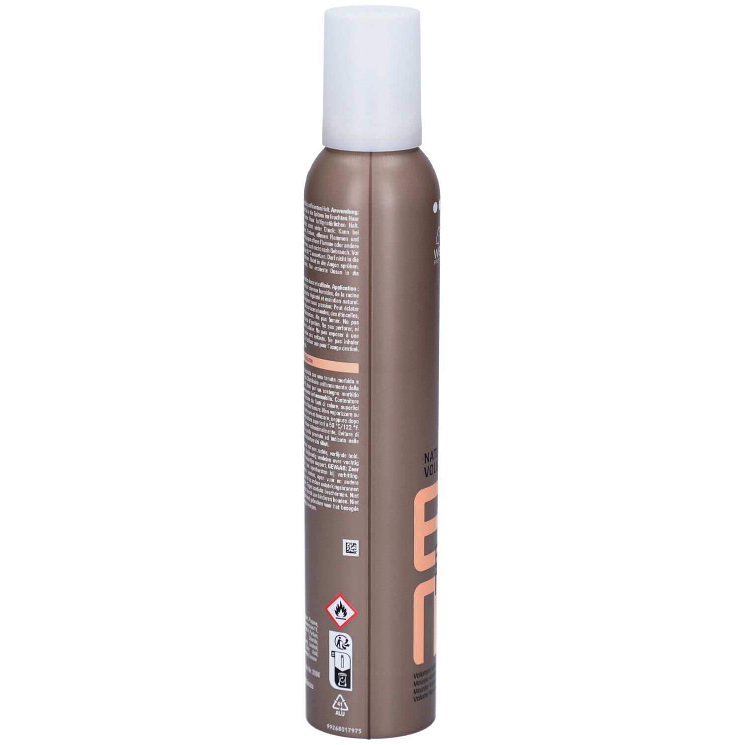 Flacon de mousse coiffante. Contenant marron avec texte et avertissements. Bouchon blanc.