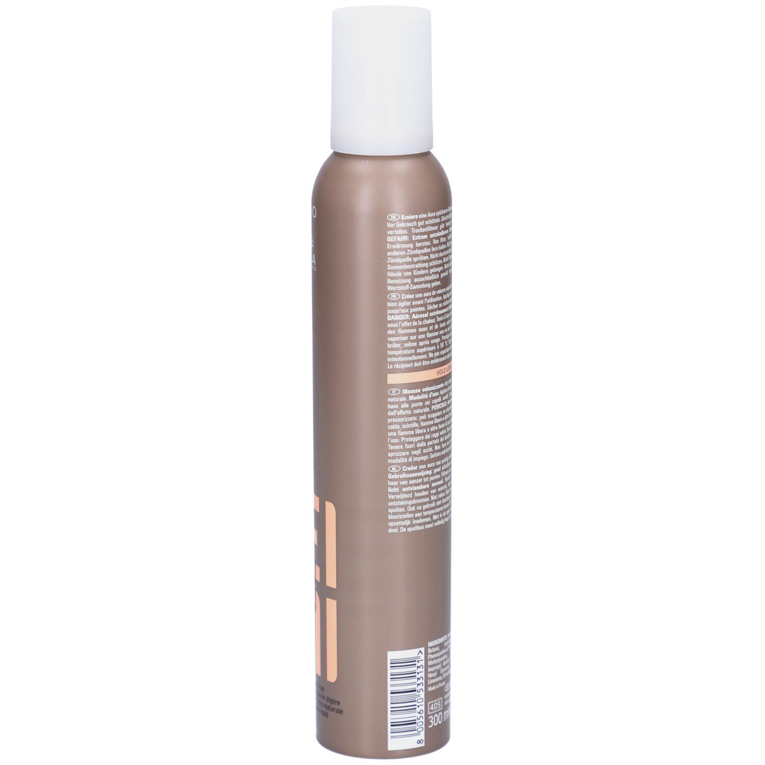 Flacon de mousse coiffante. Contenant marron avec texte et avertissements. Bouchon blanc.