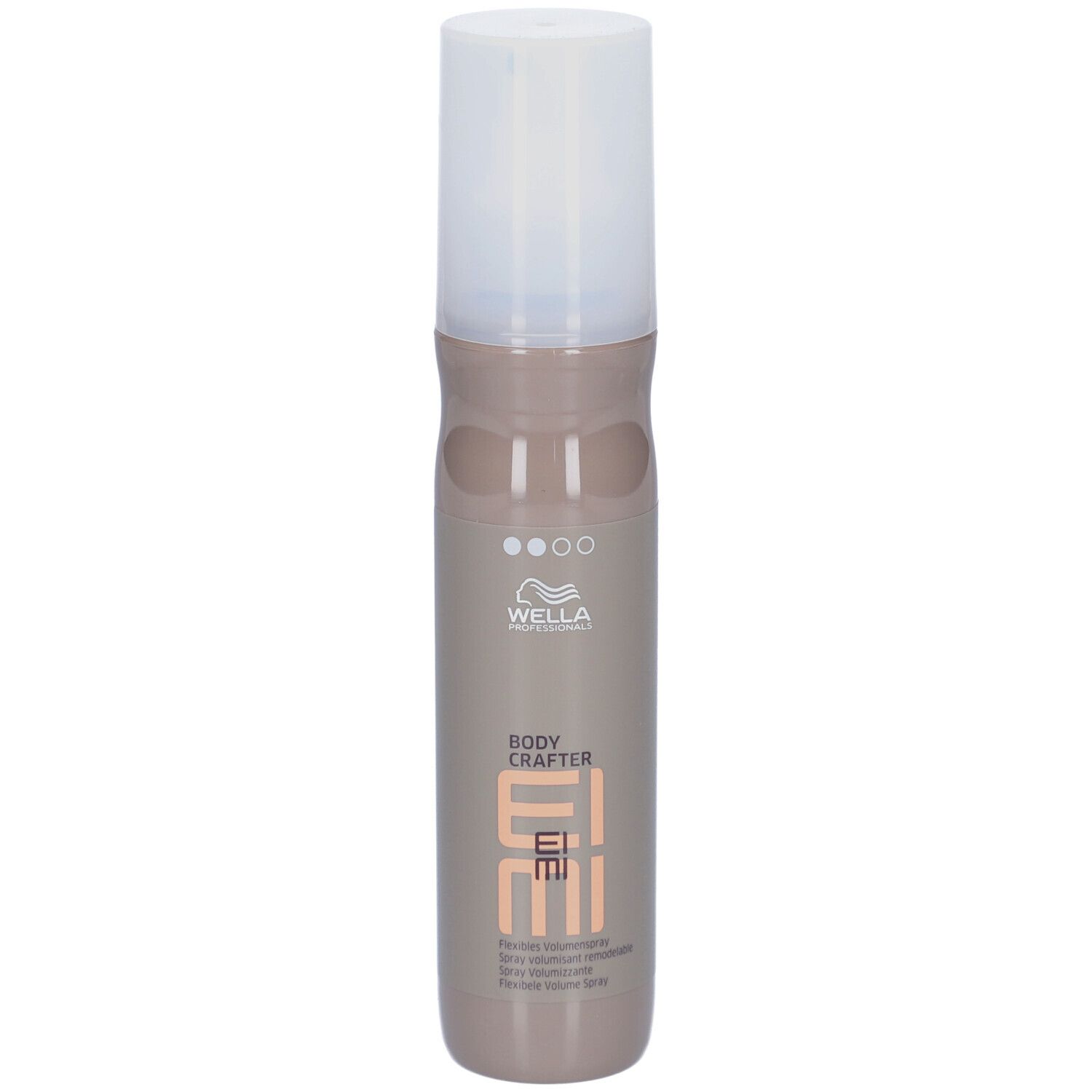 Flacon de spray capillaire avec bouchon blanc. Inscription : Wella EIMI Body Crafter. Flacon beige-brun.