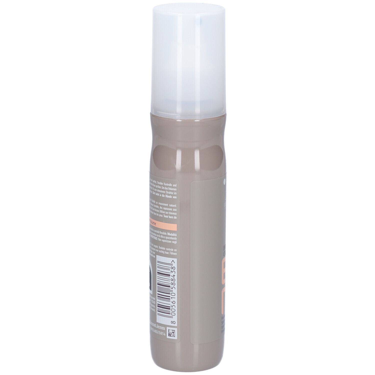 Dos du flacon de spray capillaire. Code-barres et texte. Flacon beige-brun avec bouchon blanc.