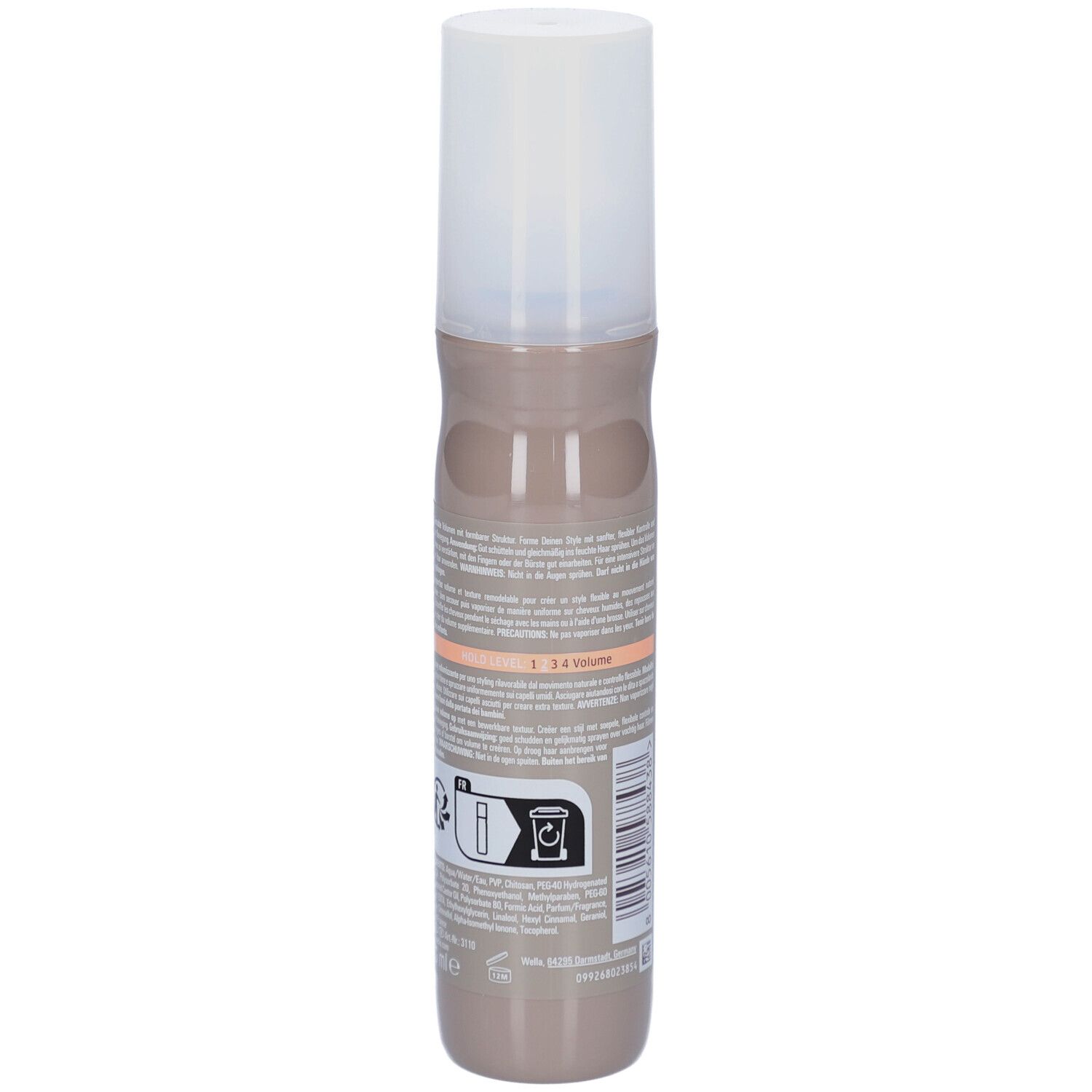 Dos du flacon de spray capillaire. Texte et pictogrammes. Flacon beige-brun avec bouchon blanc.