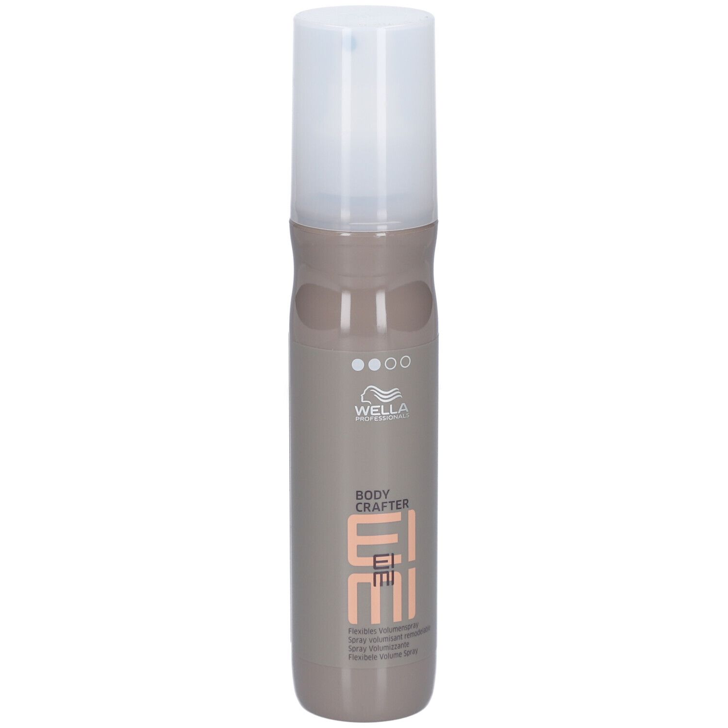 Flacon de spray capillaire avec bouchon blanc. Inscription : Wella EIMI Body Crafter. Flacon beige-brun.