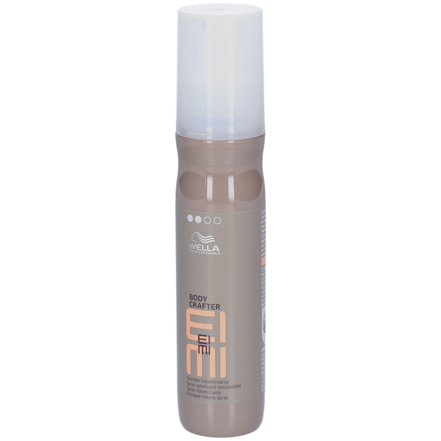 Flacon de spray capillaire avec bouchon blanc. Inscription : Wella EIMI Body Crafter. Flacon beige-brun.