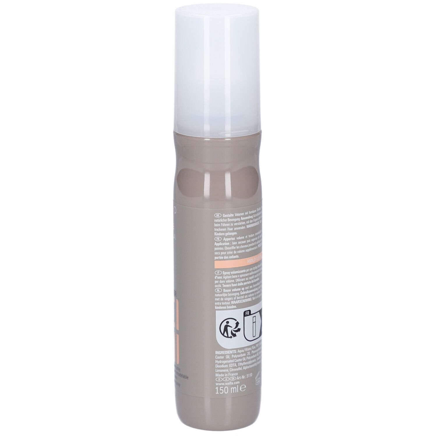 Dos du flacon de spray capillaire. Texte, pictogrammes et indication de volume. Flacon beige-brun.