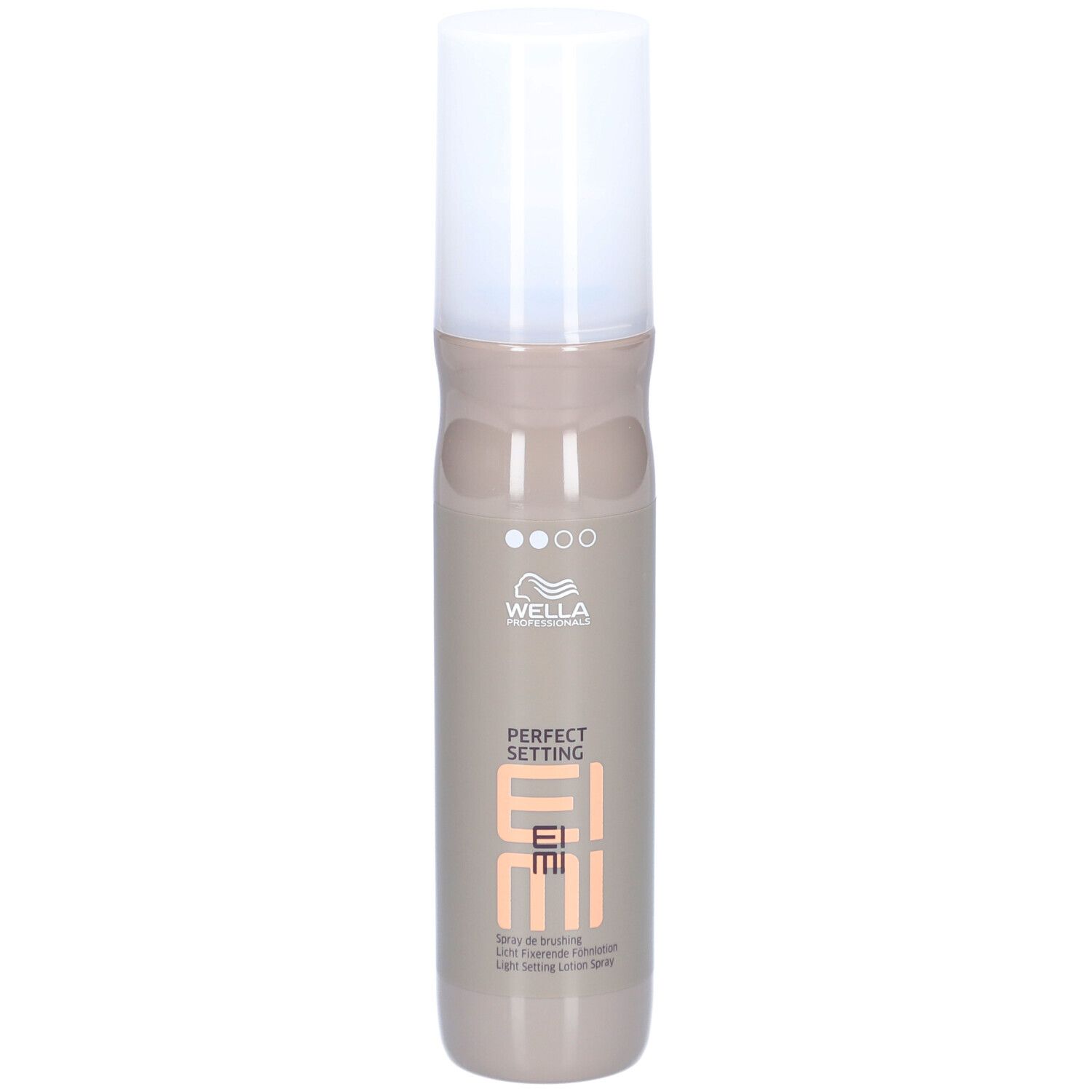 Flacon de spray capillaire. Flacon beige-brun avec bouchon blanc. Inscriptions : Wella, EIMI, Perfect Setting.