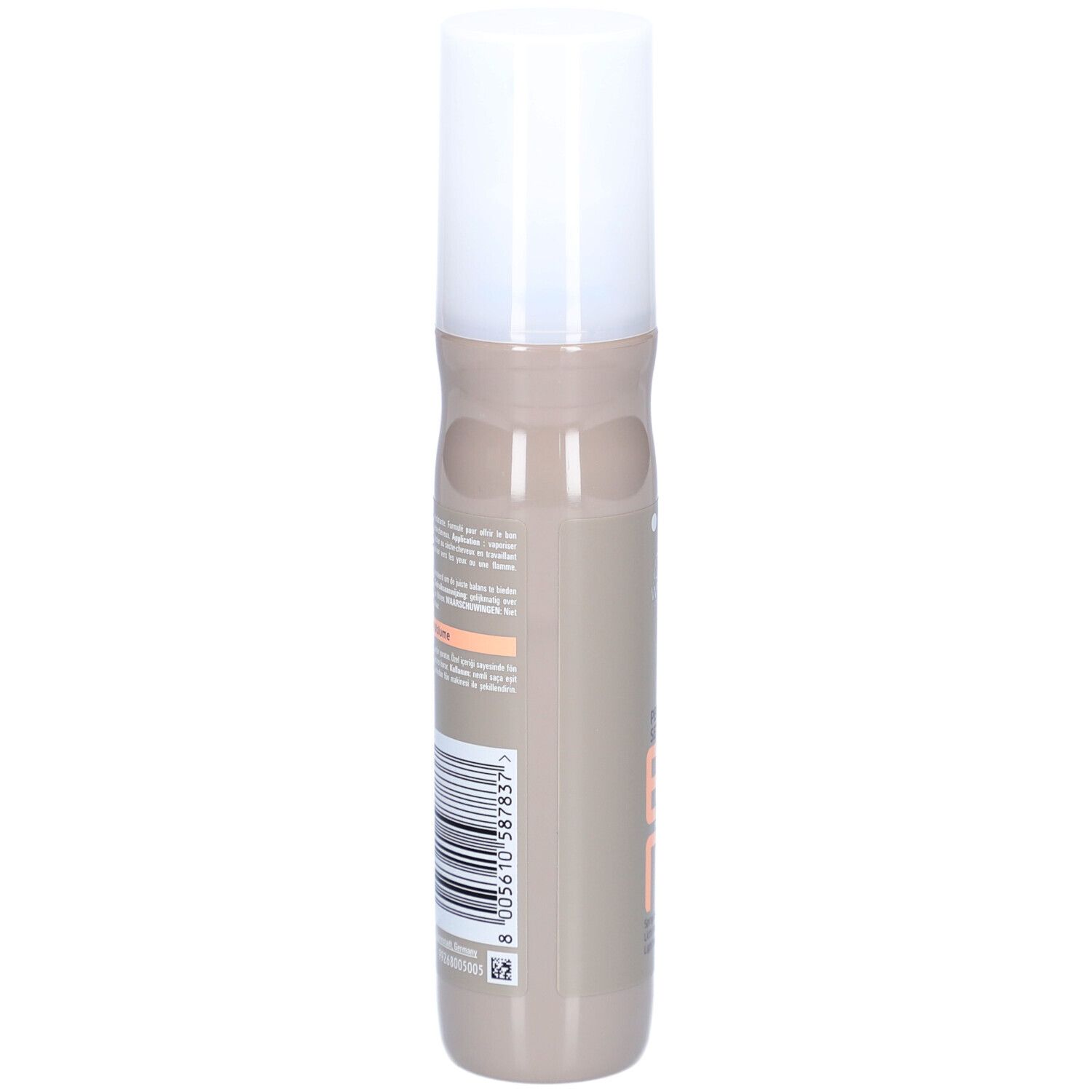 Flacon de spray capillaire. Dos avec texte et code-barres. Flacon beige-brun avec bouchon blanc.
