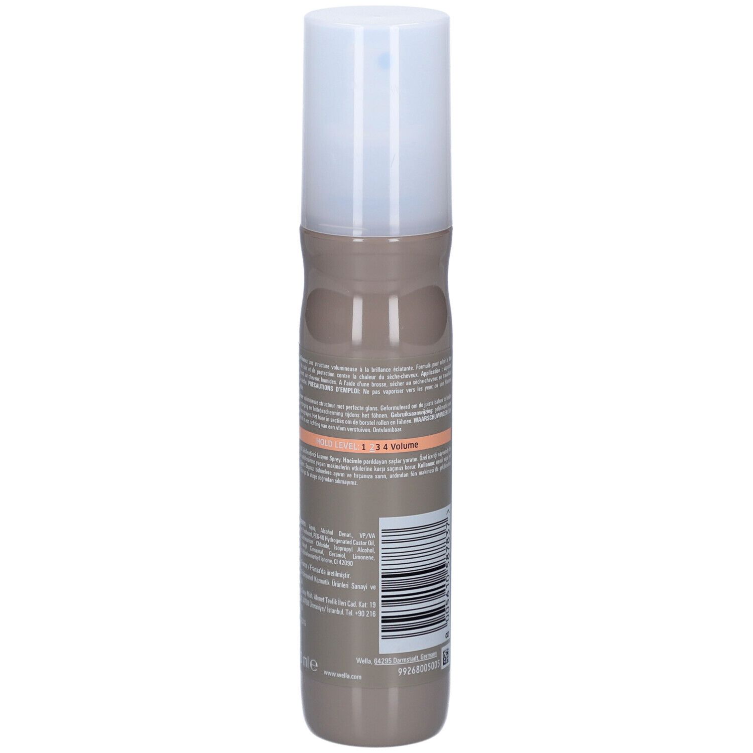 Flacon de spray capillaire. Dos avec texte et code-barres. Flacon beige-brun avec bouchon blanc.
