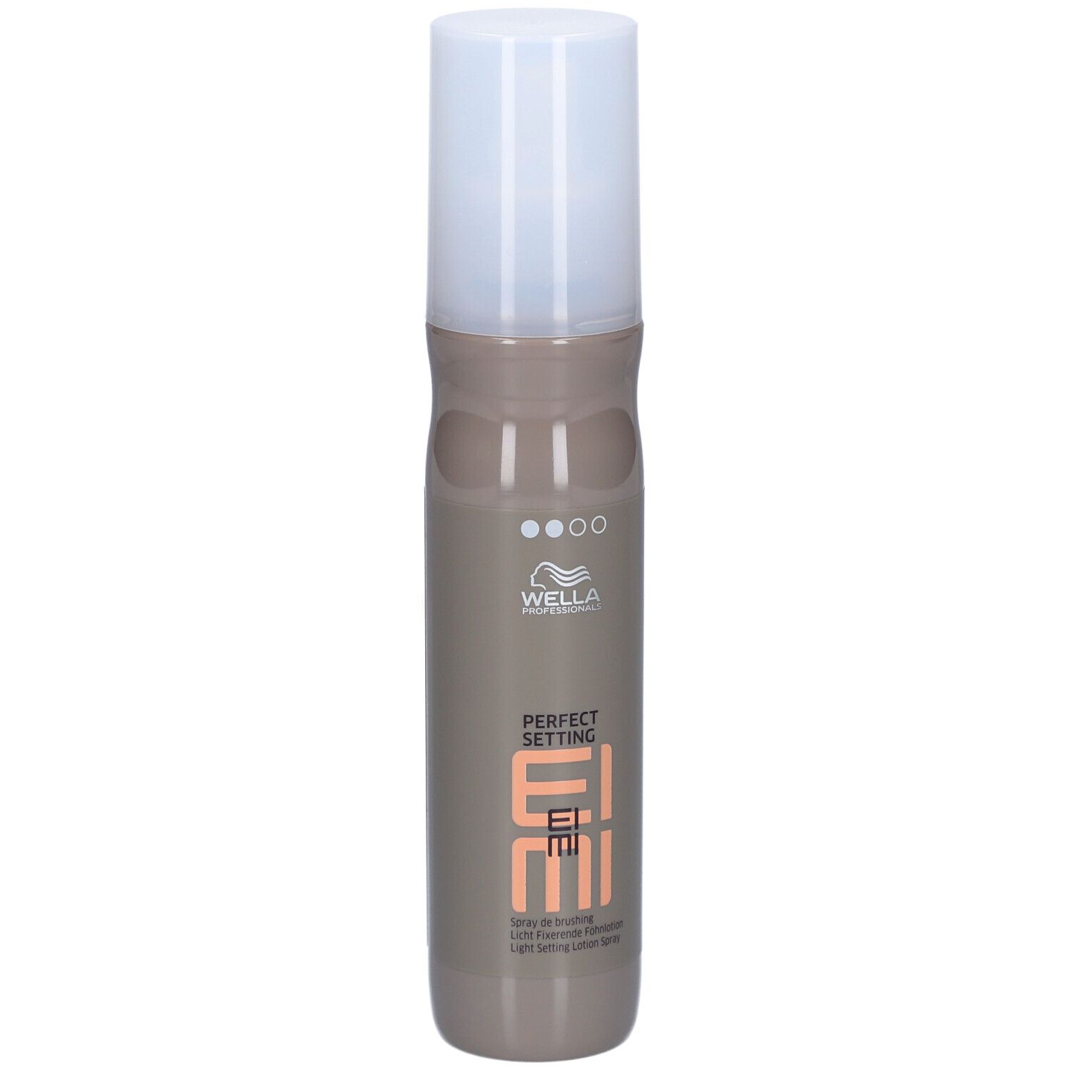 Flacon de spray capillaire. Flacon beige-brun avec bouchon blanc. Inscriptions : Wella, EIMI, Perfect Setting.