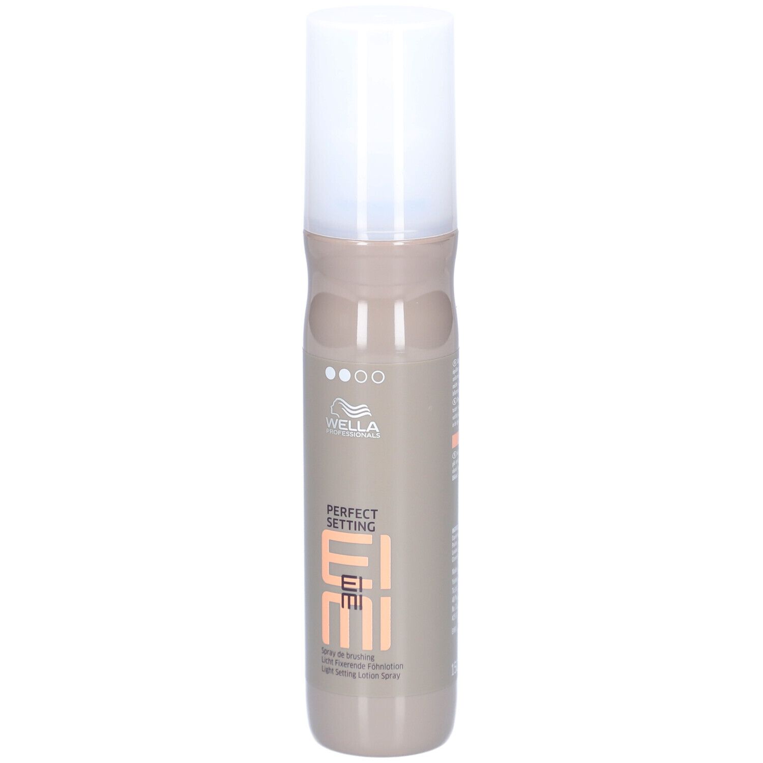 Flacon de spray capillaire. Flacon beige-brun avec bouchon blanc. Inscriptions : Wella, EIMI, Perfect Setting.