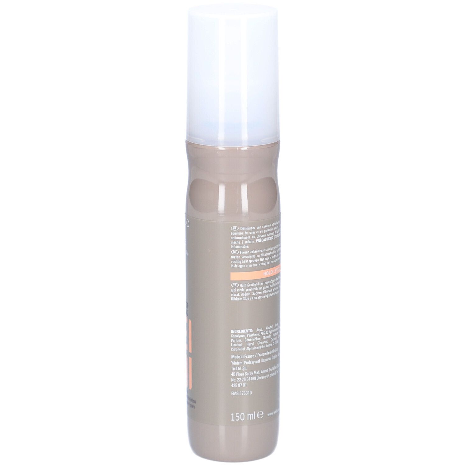 Flacon de spray capillaire. Dos avec texte, code-barres et 150 ml. Flacon beige-brun avec bouchon blanc.
