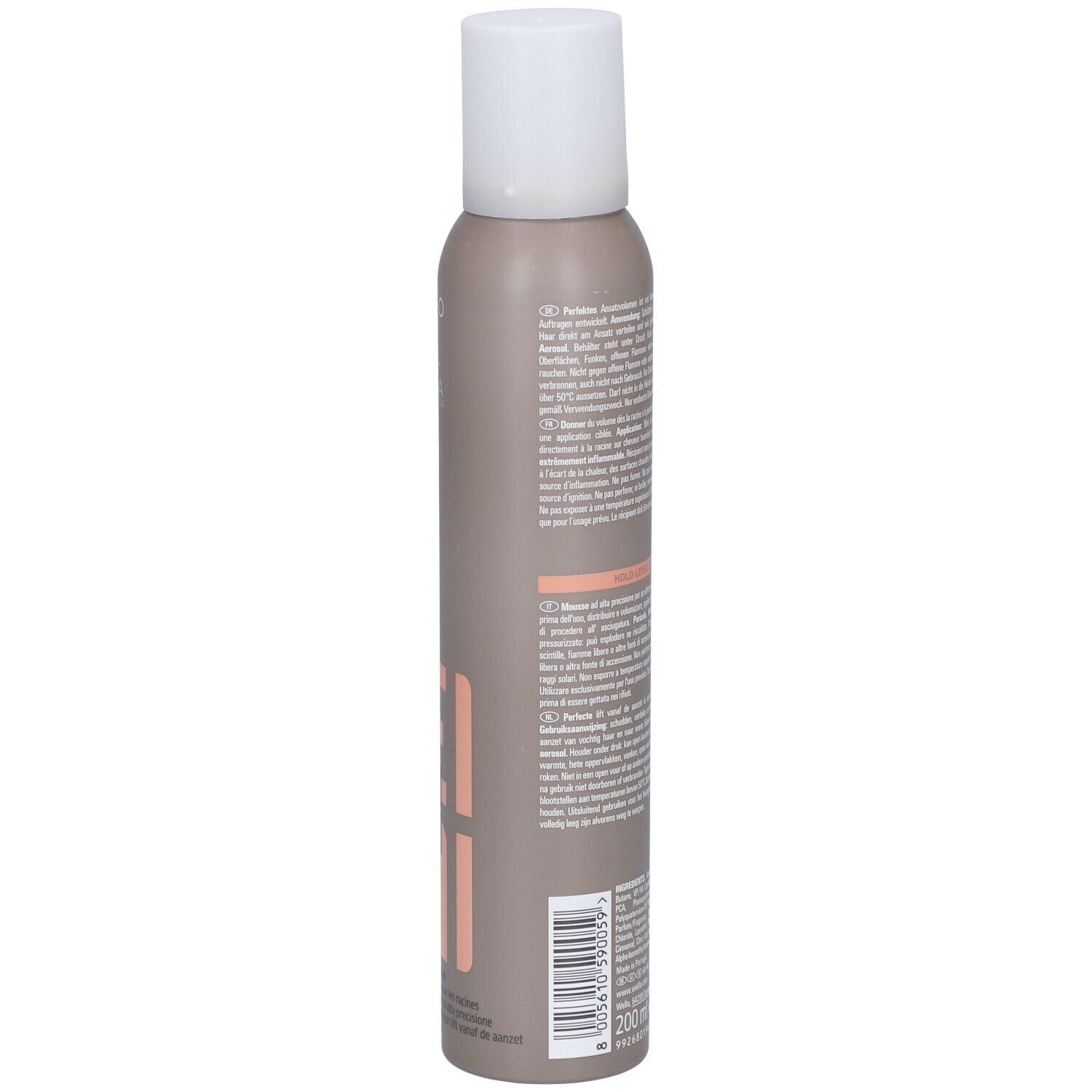 Flacon de mousse coiffante, vue latérale. Flacon beige-brun avec bouchon blanc. Texte et code-barres sur le flacon.